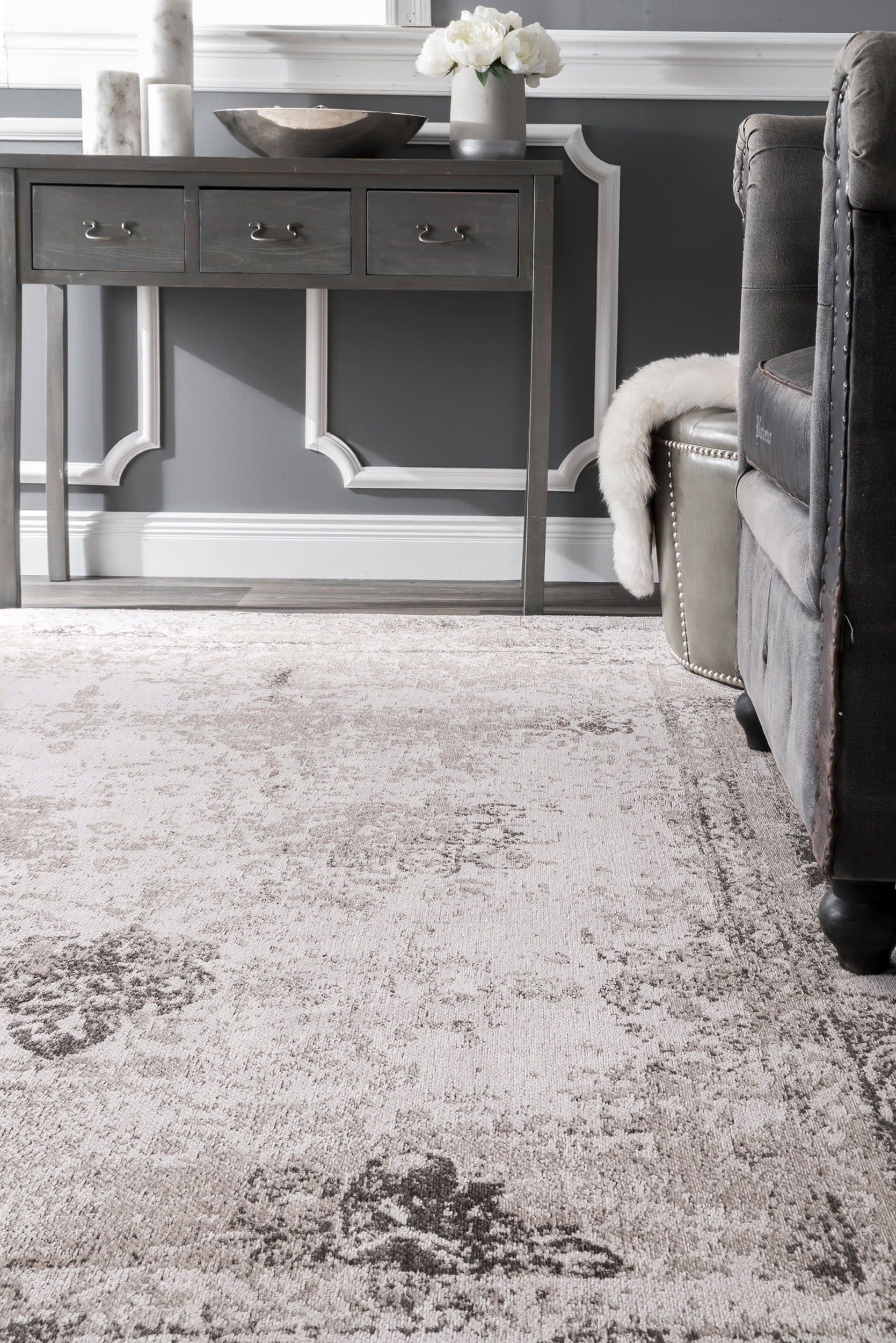 Faded Abstract Grey Area Rug - Soft Boho Chic Carpet for Living Room, Bedroom & Home Decor