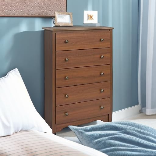 Prepac Sonoma Traditional 5-Drawer Tall Dresser for Bedroom - Cherry Wood Chest of Drawers 17.75