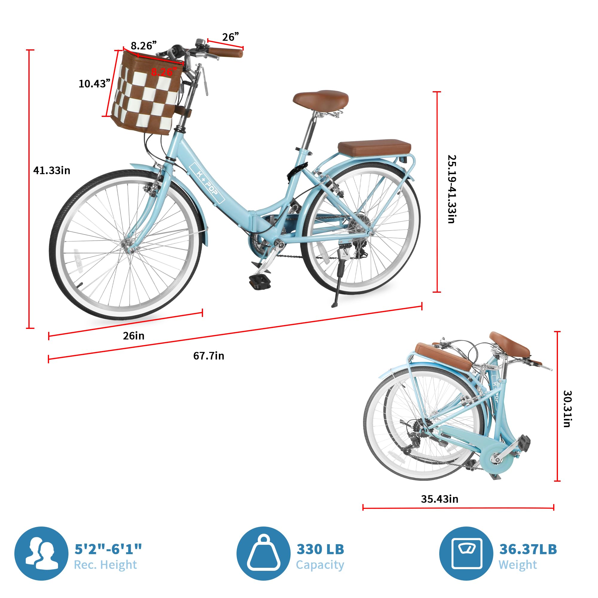 26-Inch Foldable Beach Cruiser Bike for Women - 7-Speed Commuter Bike with Front Basket, Light Blue Classic Paint & Streamlined Design - Perfect for City Commuting, Fitness Riding & Beach Vacations