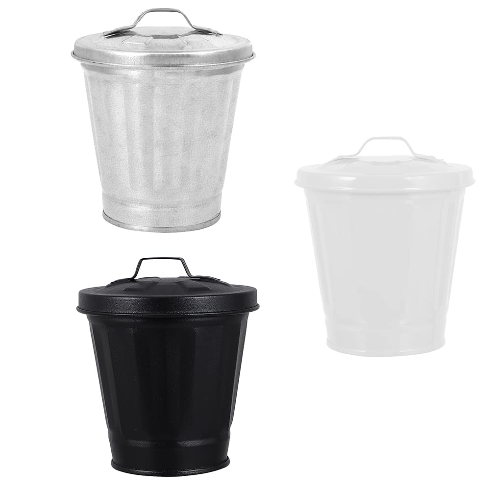 LUOZZY 3-Piece Small Metal Trash Can Set with Lid - Galvanized Mini Wastebasket for Home, Office & Bathroom | 3.5 x 3.7 Inch Desktop Garbage Can | Perfect for Desks, Countertops & as Decorative Flower Pots