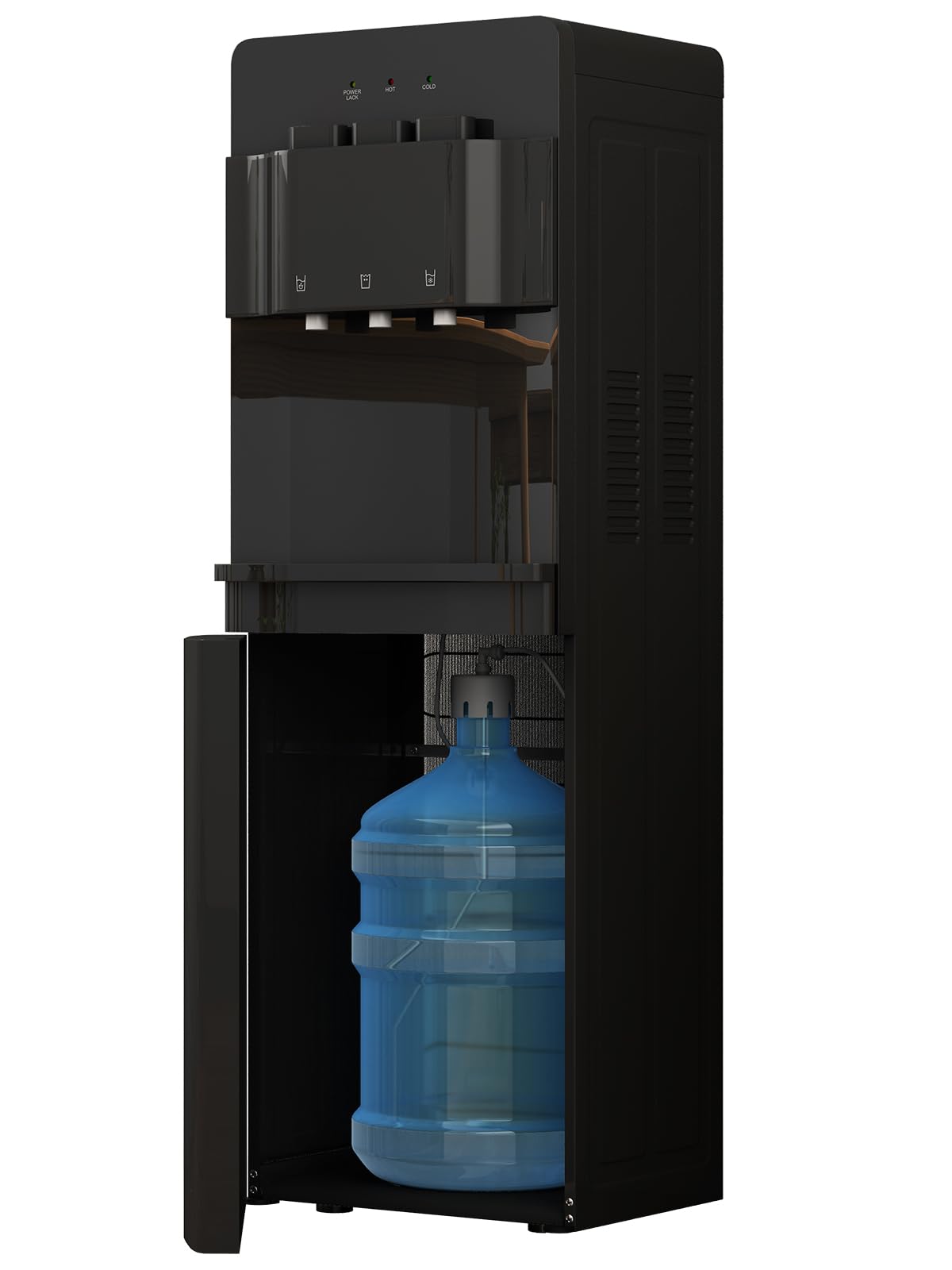 TABU Bottom Loading Water Cooler Dispenser for 3 or 5 Gallon Bottles - 3 Temperature Settings (Hot, Cold & Room) with Anti-Scalding Design, Child Safety Lock & Storage Cabinet (Black) - Perfect for Home, Office, and School Use