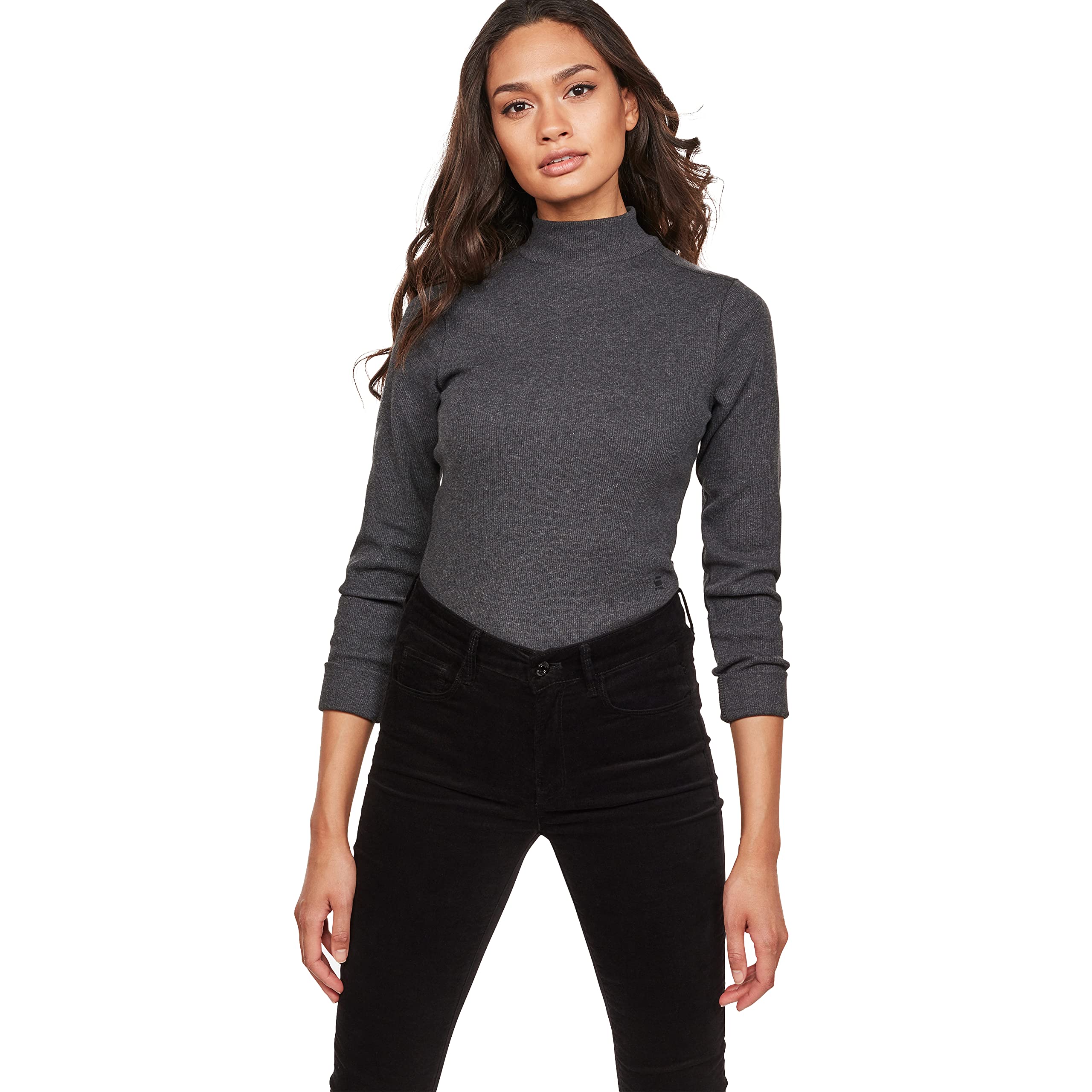 G-Star Raw Women's Ribbed Slim Fit Funnel Neck Long Sleeve T-Shirt | Casual & Layering Essential for Fall & Winter | Perfect for Work, Date Night & Everyday Wear