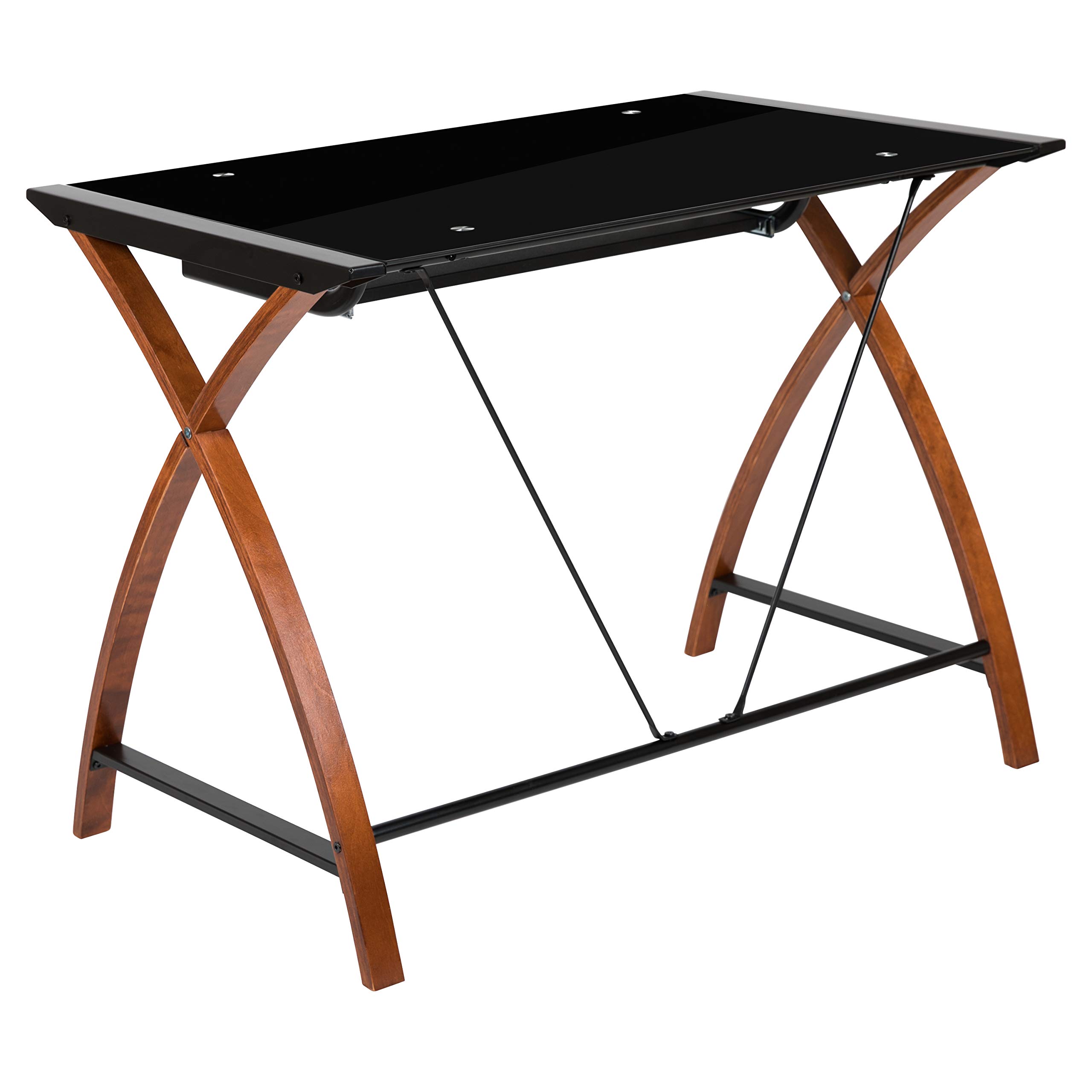 Flash Furniture Jude Black Glass Computer Desk with Pull-Out Keyboard Tray & Sturdy Crisscross Frame - Modern Home Office Desk for Work, Gaming & Study