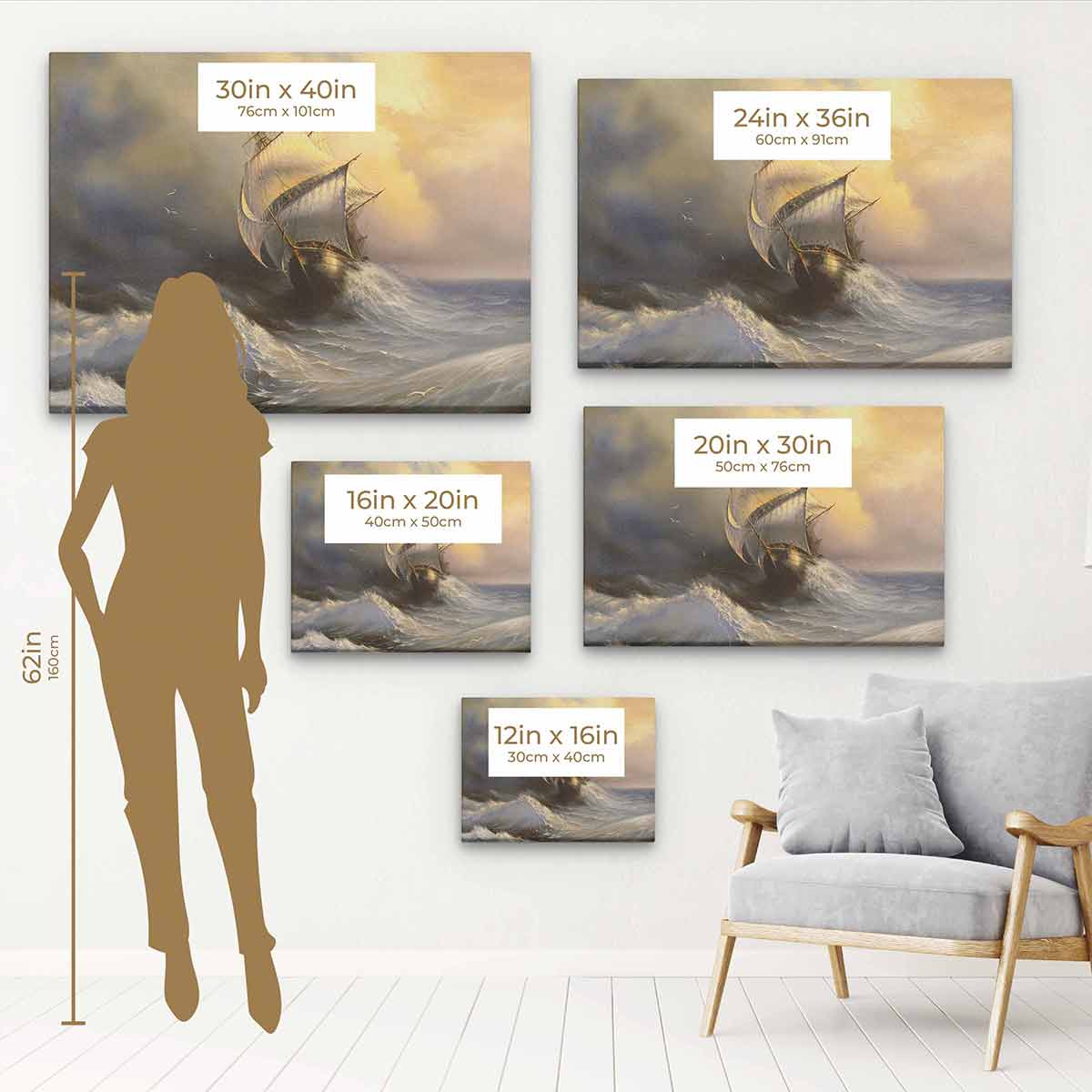 Yellow Vessel at Storm Wall Art Canvas Print - Modern Abstract Seascape Painting for Living Room, Bedroom & Office Decor