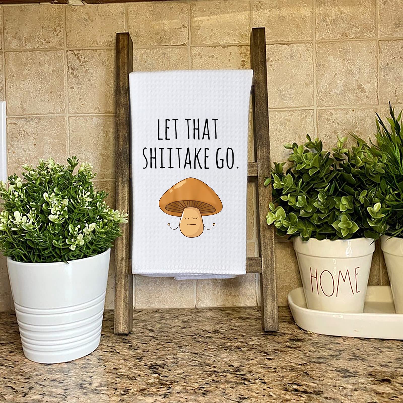 Funny Mushroom Kitchen Towel - Let That Shiitake Go Pun Dish Towel | Waffle Weave Absorbent & Durable | Perfect Housewarming Gift for Food Lovers & Home Cooks | Great for Cooking, Baking & Kitchen Decor