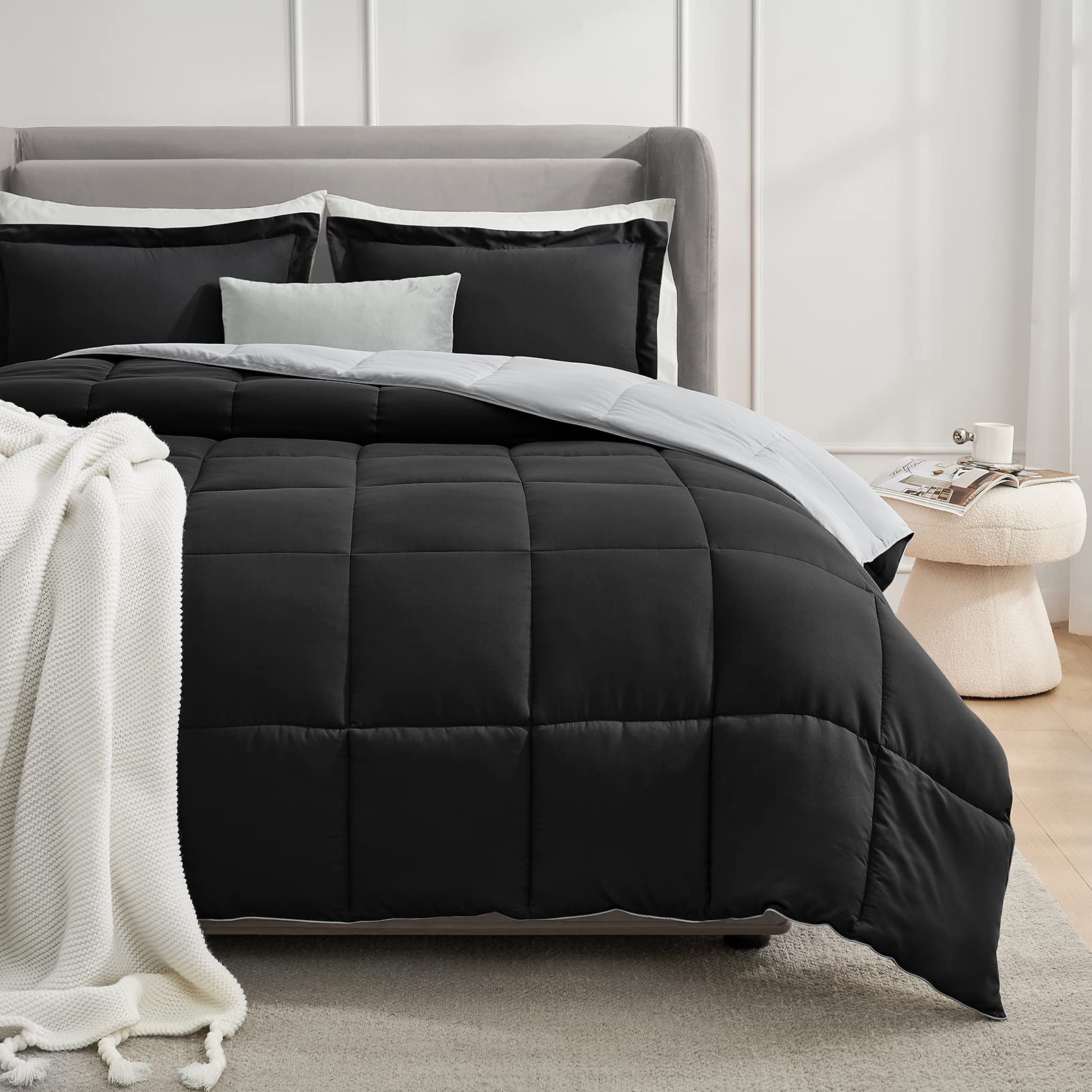 Lightweight Reversible All-Season Down Alternative Comforter Set - Twin Size Black/Light Grey | 2-Piece Bedding Set with Comforter & Pillow Sham | Perfect for Summer, Spring & Fall | Ideal for Guest Rooms, Dorms & Apartments