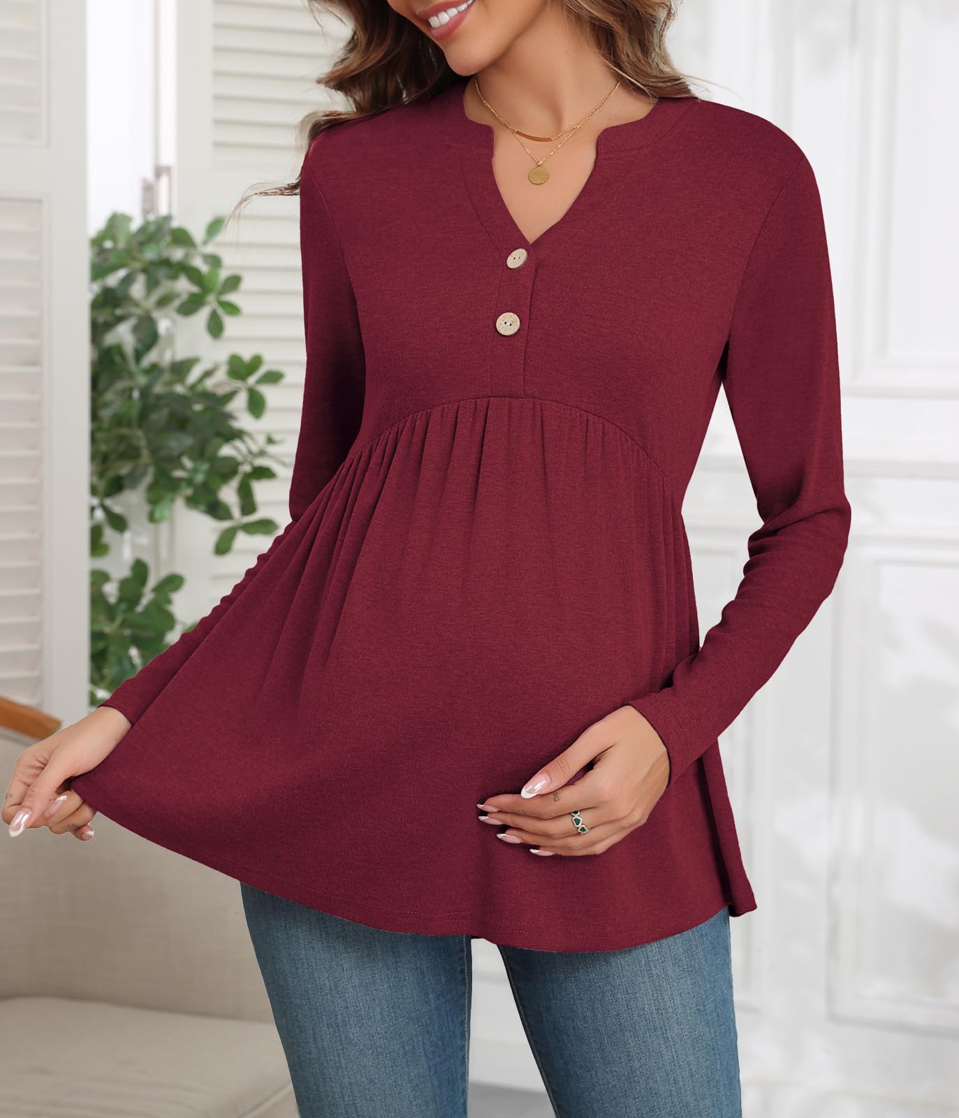 Xpenyo Women's Maternity Tops - Long Sleeve Pregnancy Shirts, V-Neck Button Down Tunic Blouse for Fall 2024 - Comfortable Casual & Dressy Maternity Wear for Work, Office & Everyday Outfits