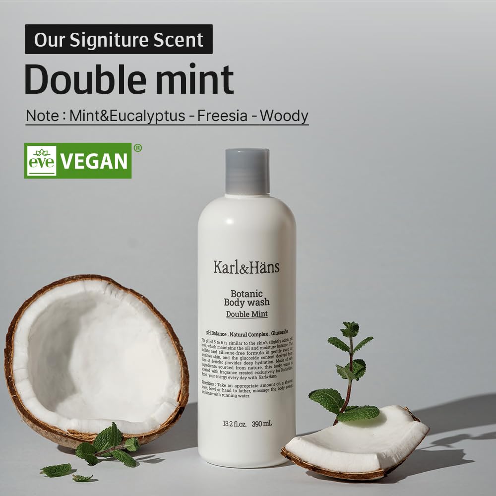 Karl & Hans Botanic Double Mint Vegan Body Wash & Body Lotion Set - Organic, Cruelty-Free for Men & Women - Refreshing Shower & Moisturizing Skincare Routine