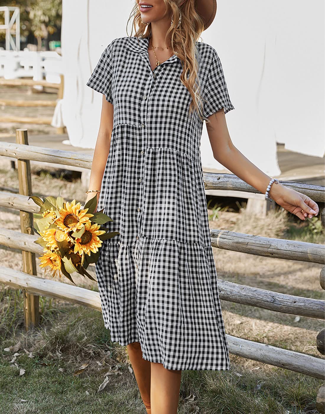 Bonnorth Women's Plaid Short Sleeve Collar Midi Dress - Button Down Pleated Flowy Summer Dress for Casual Outings, Office Wear & Date Night