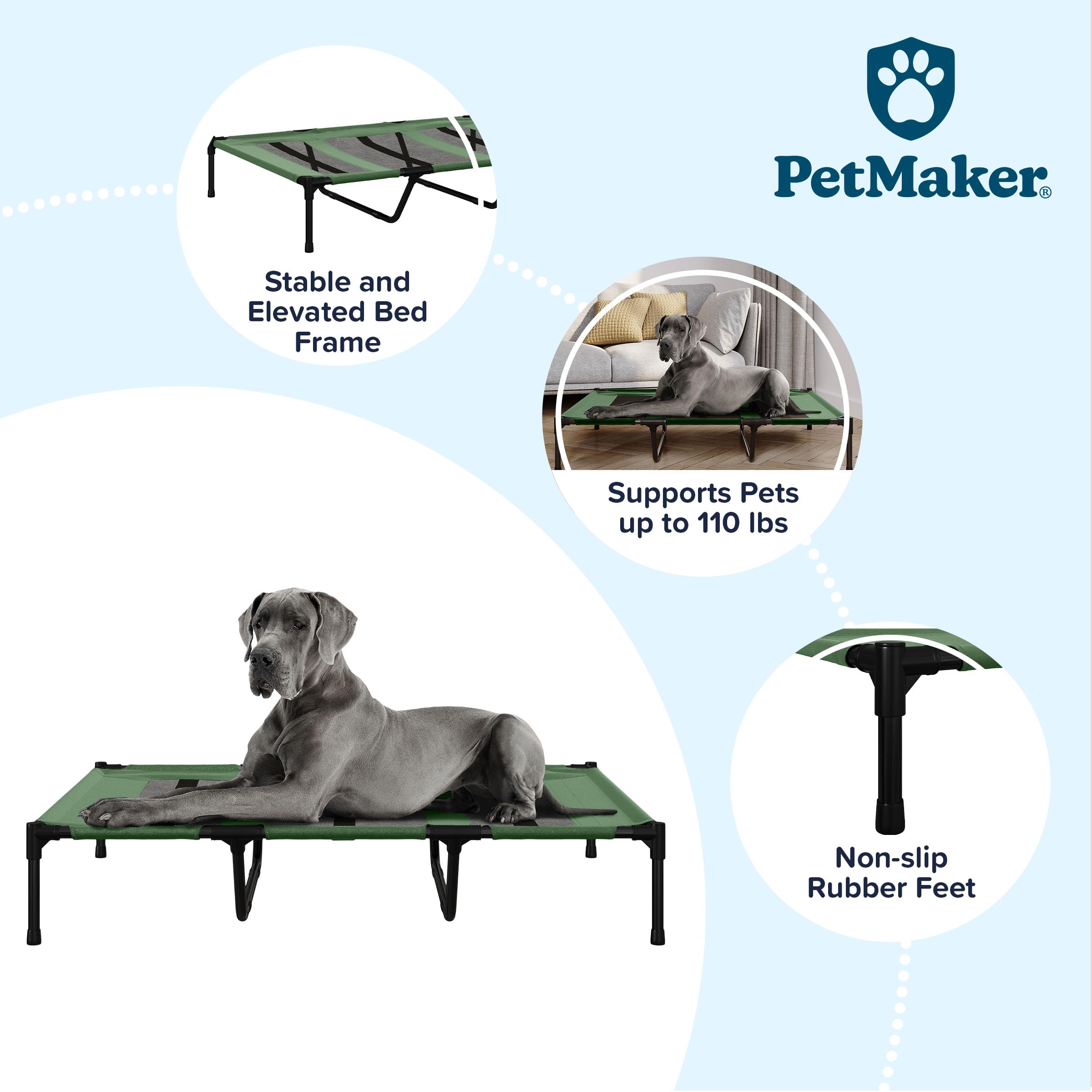 Premium Elevated Dog Bed - 48x35.5 Inch Portable Pet Cot with Non-Slip Feet - Indoor/Outdoor Cooling Dog Bed for Large Dogs Up to 110lbs - Durable & Breathable Design for Home, Patio, Camping & Travel - PETMAKER (Green)