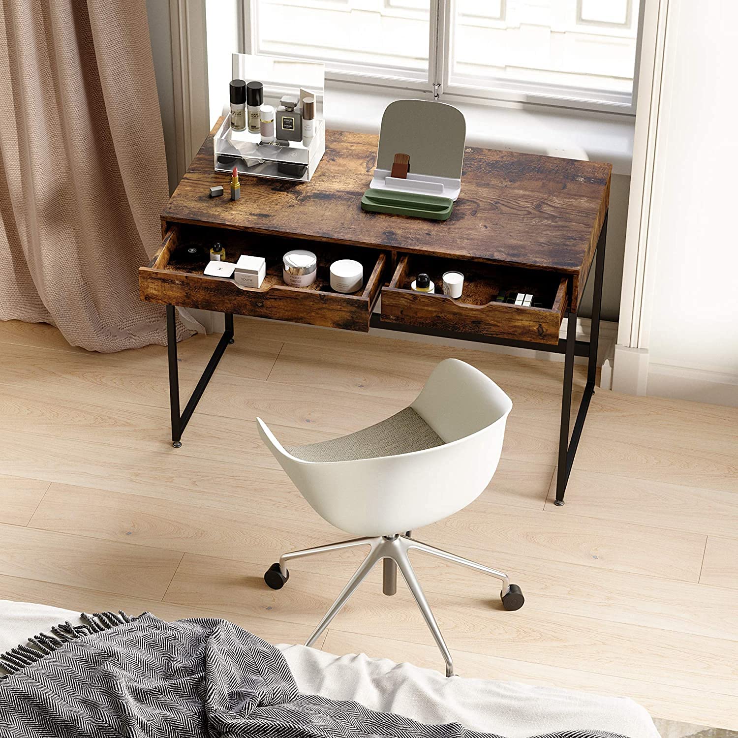 Bestier Small Rectangular Office Desk - Minimalist Writing Computer Workstation with 2 Large Drawers, Rustic Brown - Perfect for Home Office, Study Room & Vanity Makeup Area