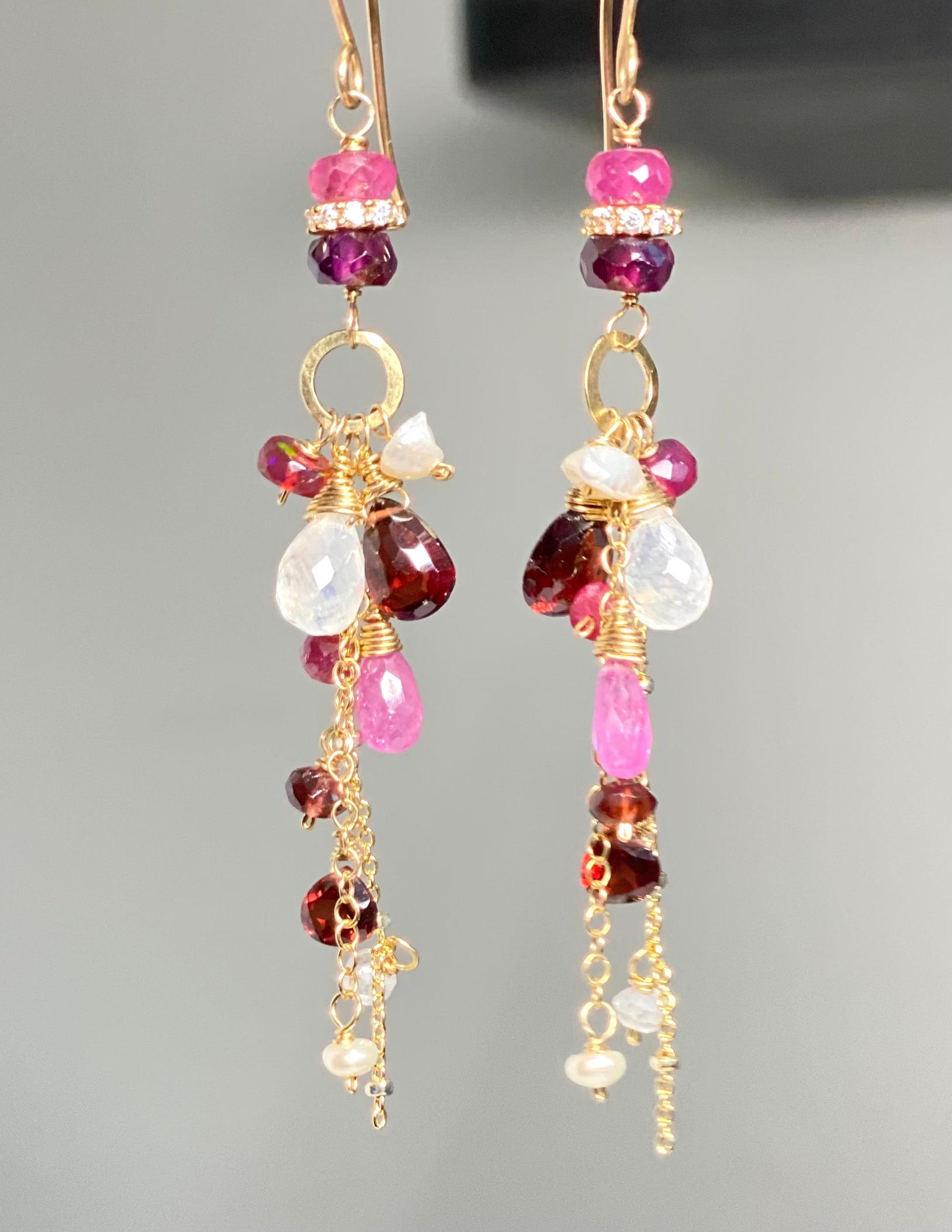 Red Gemstone Long Boho Chain Dangle Earrings - Garnet & Pink Sapphire Jewelry for Women | Perfect for Boho Chic, Festival, and Party Outfits