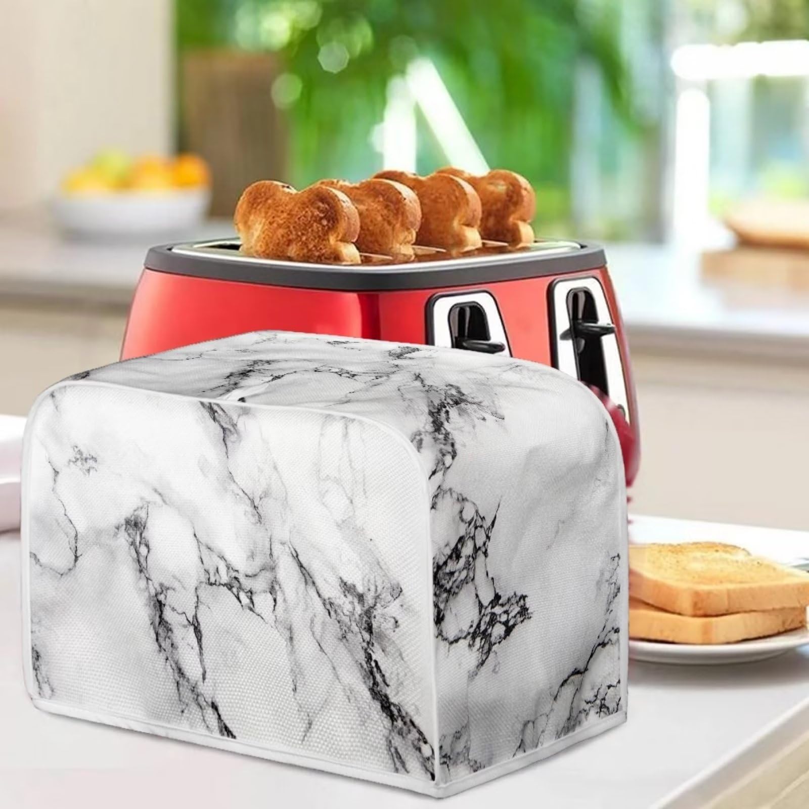 White Marble Print Toaster Cover - Dust & Grease Protection for 4-Slice Toasters - Kitchen Appliance Cover for Bread Makers - Perfect for Modern Kitchens & Breakfast Stations