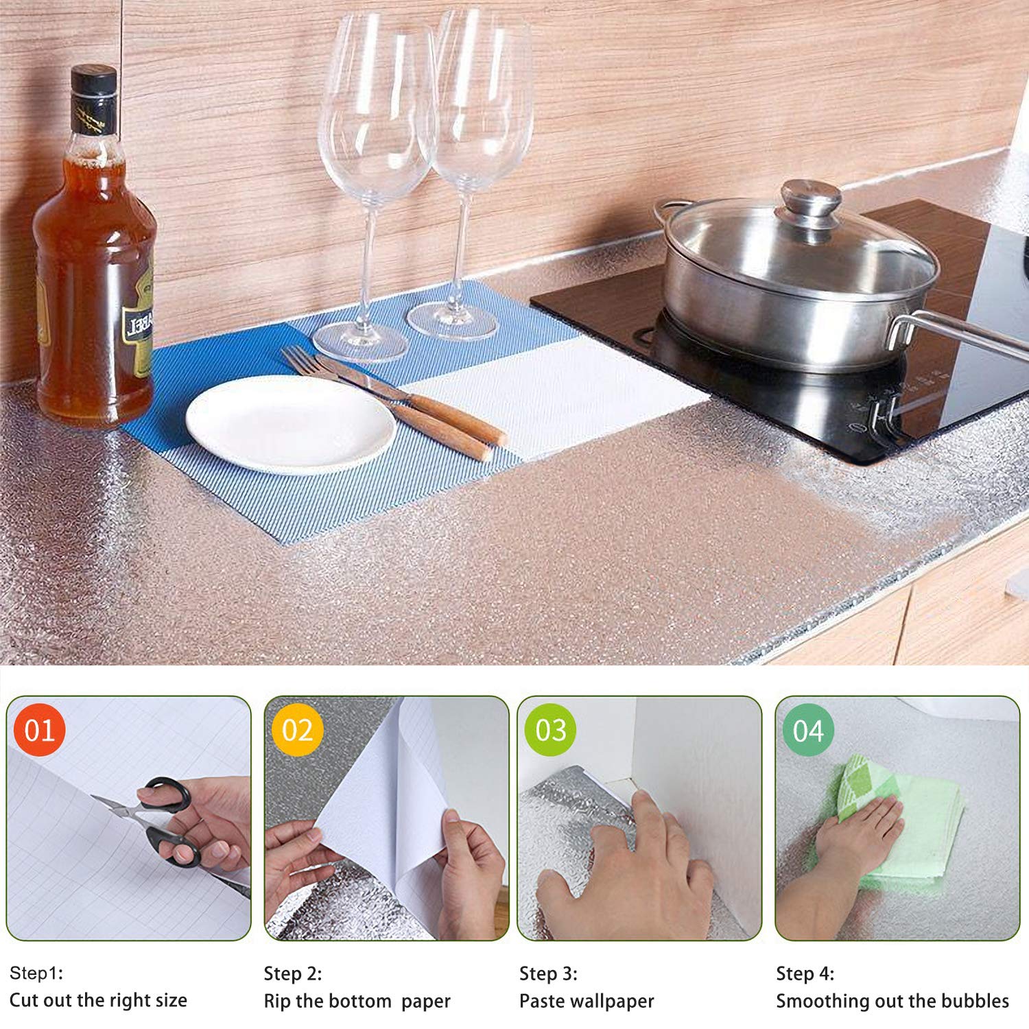 Livelynine Oil Proof Waterproof Peel and Stick Wallpaper - 15.8x197 Inch Removable Stainless Steel Backsplash for Kitchen | Decorative Silver Adhesive Shelf Liner | Perfect for Kitchen Walls, Countertops & Cabinets