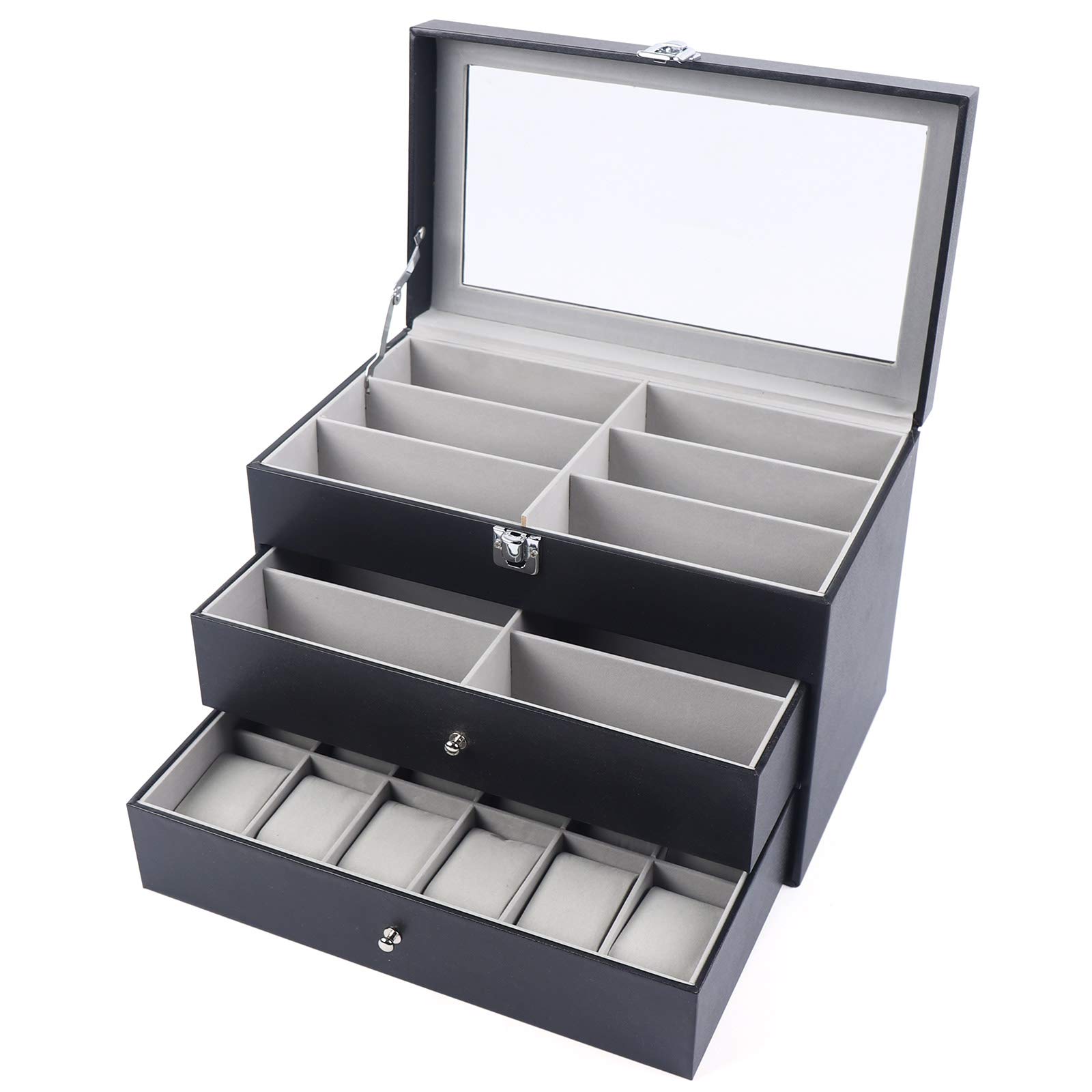 TFCFL Black Leather Watch Box & Jewelry Organizer - 12 Watch & 12 Eyeglass Storage Case with Lockable Drawers | Perfect for Watch Collectors, Jewelry Display & Sunglass Organization at Home or Retail Stores