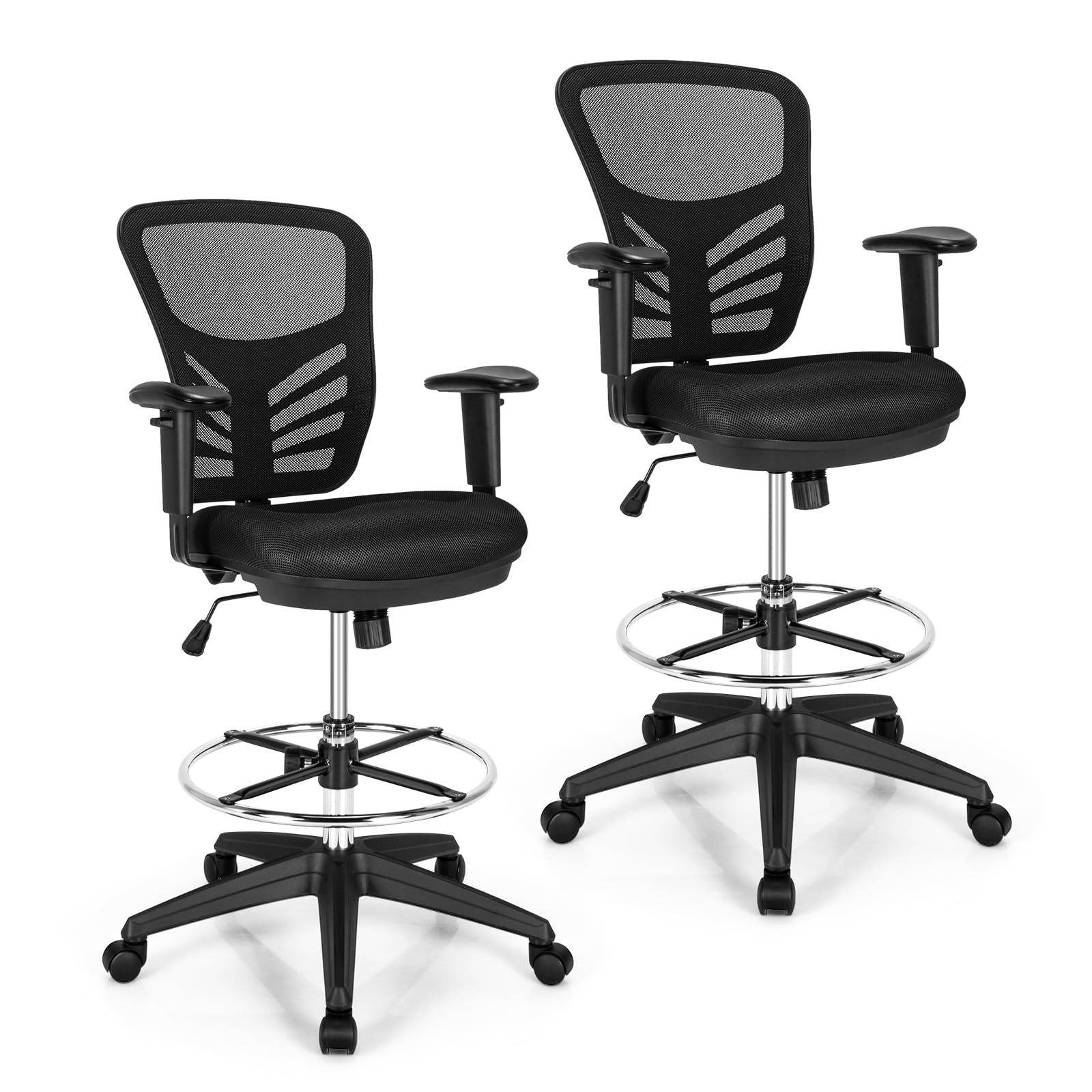 COSTWAY 2-Pack Ergonomic Mesh Office Chairs - Adjustable Height Standing Desk Chairs with Footrest & Armrests, Rolling Computer Drafting Chairs for Home Office (Black) | Perfect for Workspaces, Gaming Setups & Study Areas