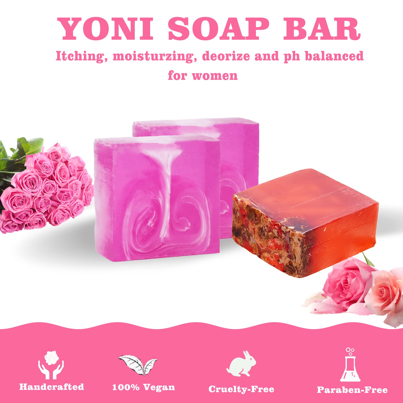 Organic Yoni Soap Bars for Women - pH Balanced Feminine Wash & Vaginal Deodorant, Set of 4 Handmade Natural Vaginal Care Soaps with Bubble Net (3.53 oz) - Gentle Cleansing for Daily Intimate Hygiene & Self-Care Routine