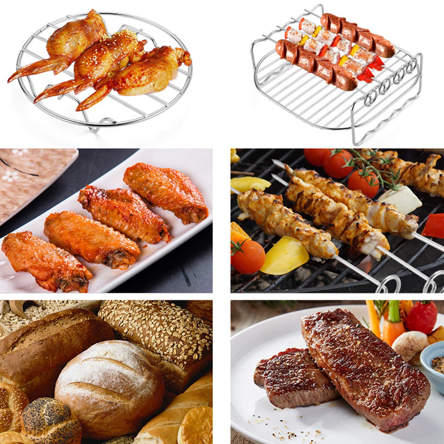 2Pcs Air Fryer Accessories Kit - Multipurpose Cooking Steaming Rack & 3 Skewer Rack Set (6 Inch) - Compatible with Most Air Fryers - Perfect for Healthy Frying, Steaming, and Grilling - Ideal for Family Meals, Parties, and Quick Snacks