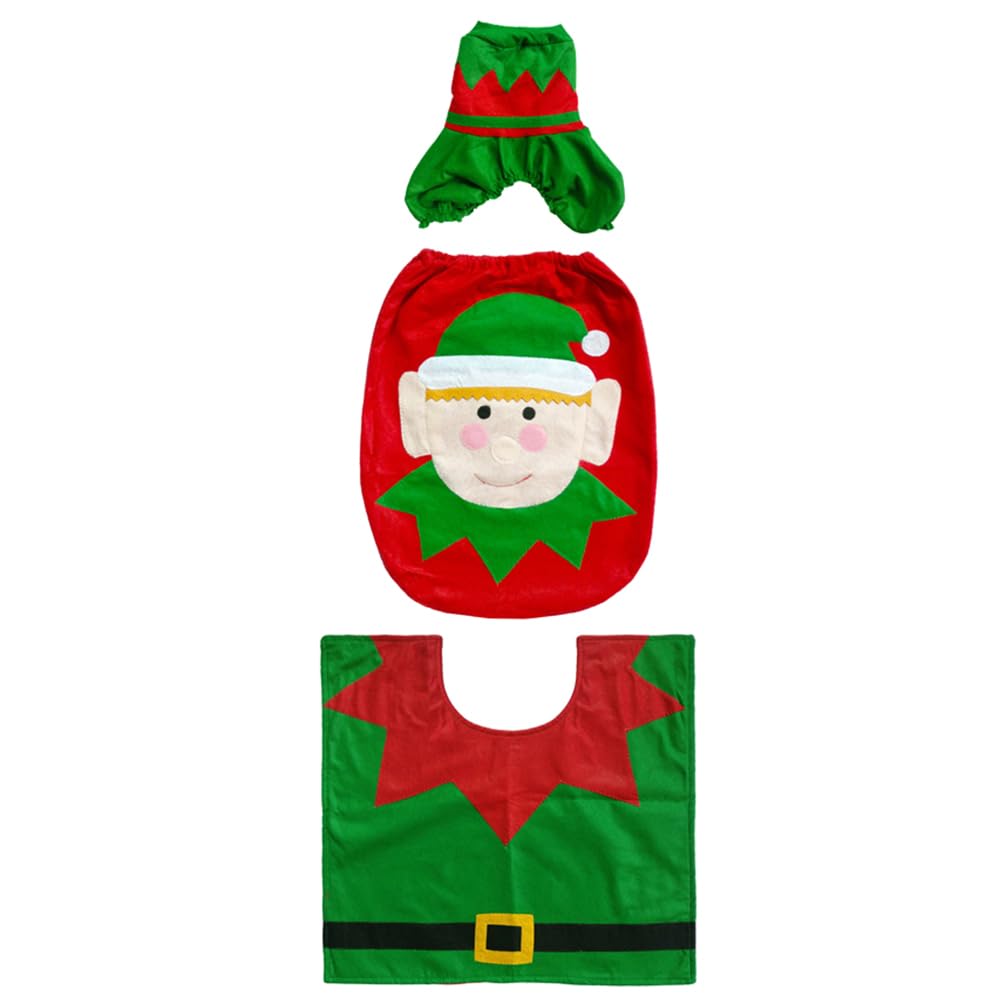 3-Piece Christmas Toilet Cover and Bathroom Rug Set - Funny Elf Design Holiday Decor with Toilet Lid Cover, Floor Mat & Tank Cover - Perfect for Home, Hotel & Holiday Party Decorations (Festive Bathroom Decor for Christmas Parties & Family Gatherings)
