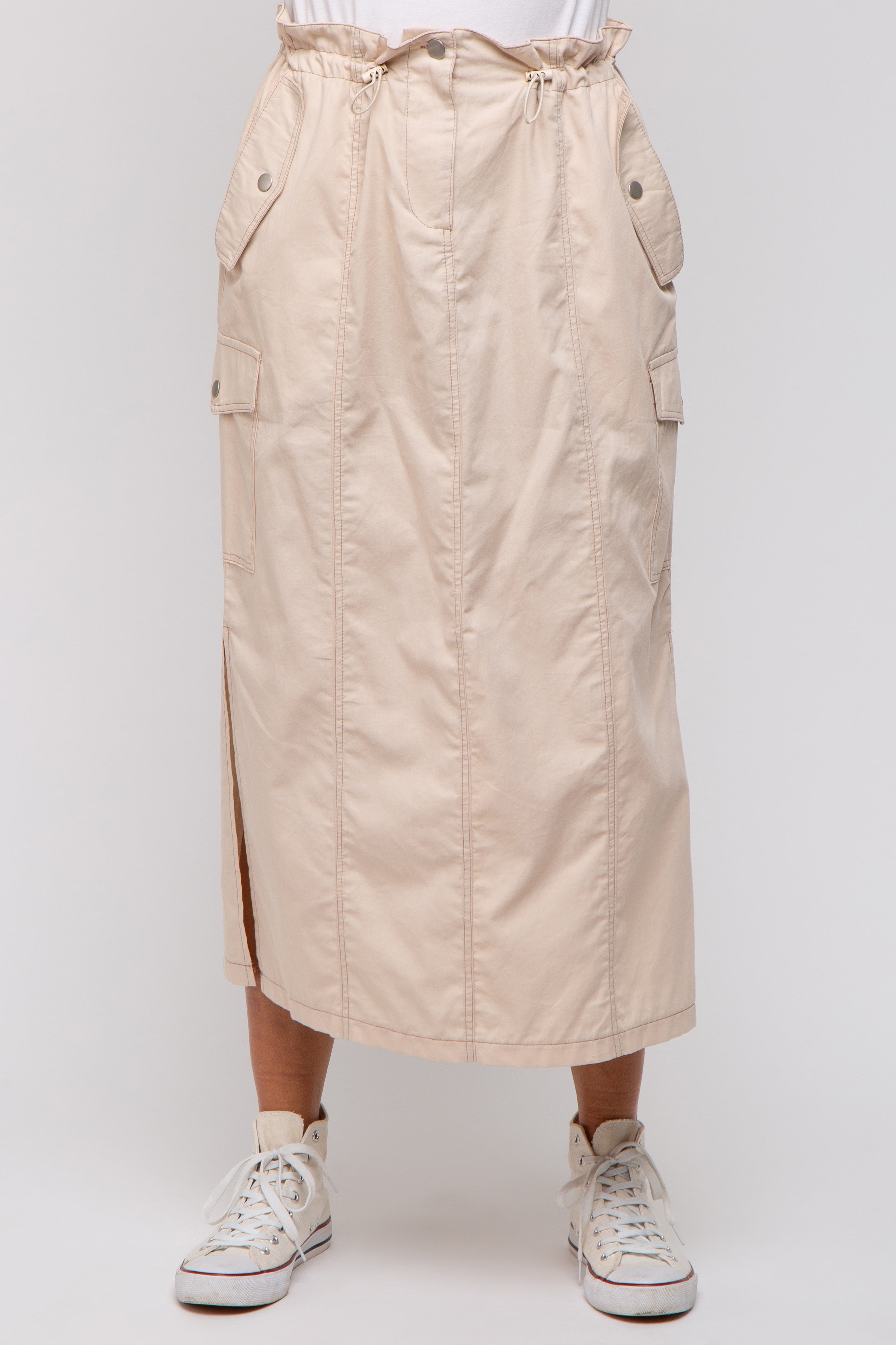 Beige Cargo Cinched Midi Skirt for Women - High Waisted Utility Skirt with Pockets | Perfect for Casual Outfits, Streetwear & Outdoor Adventures