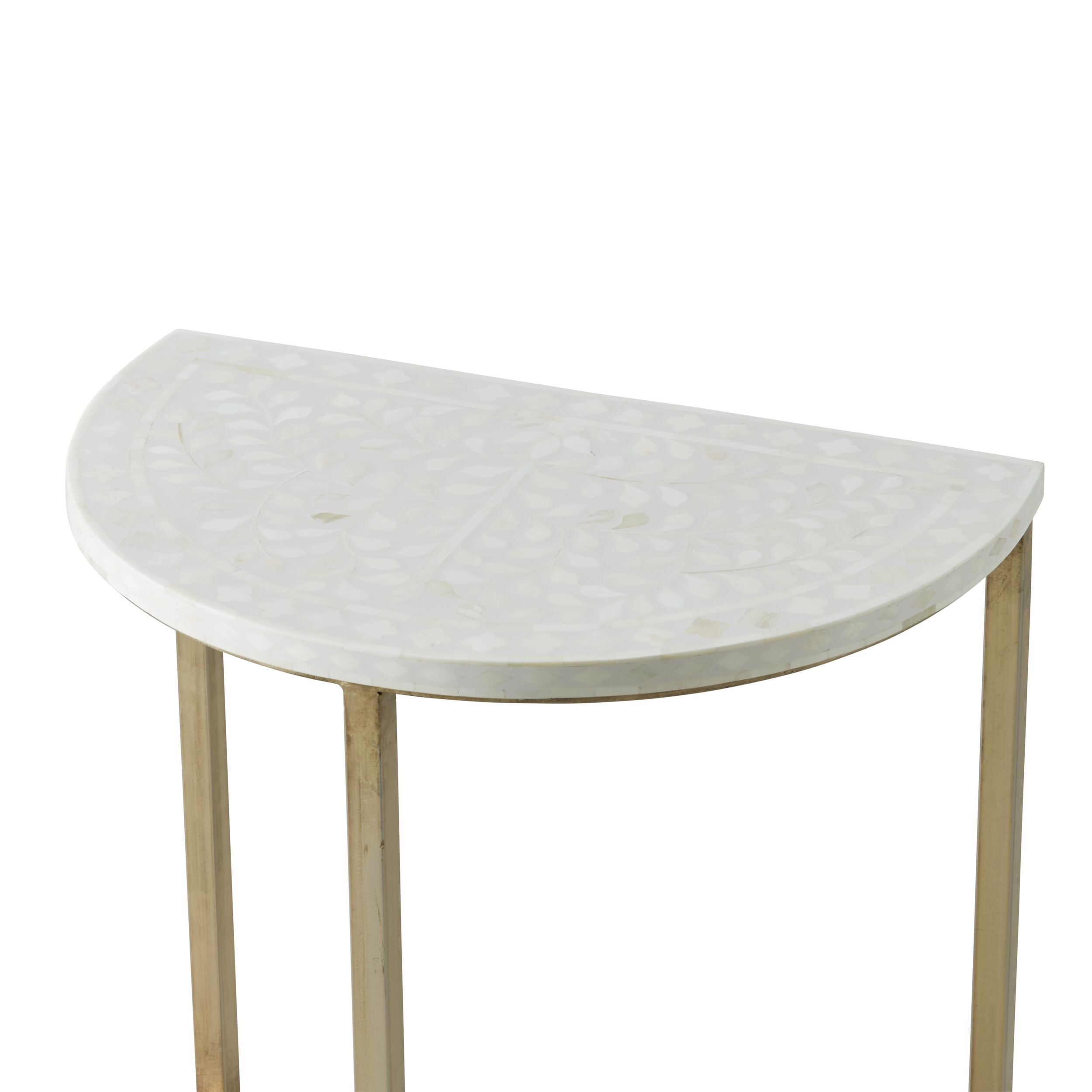 Handcrafted Bone Inlay Half Moon Side Table with Gold Frame - 21 Inch Beige Accent Table for Living Room, Bedroom & Entryway Decor