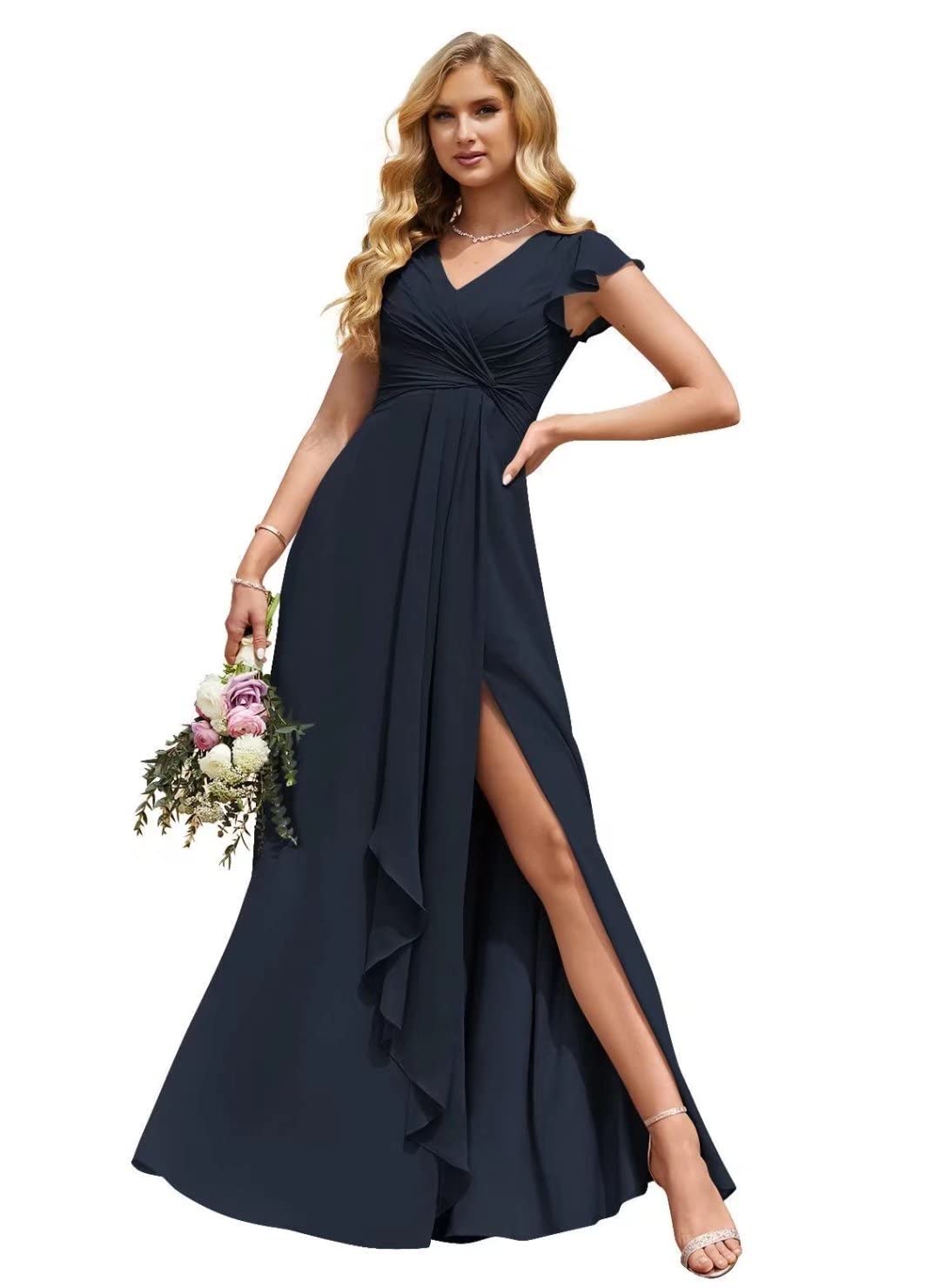 Verngo Women's Elegant V-Neck Chiffon Bridesmaid Dress - Long Formal Gown with Ruffled Cap Sleeves, Empire Waist & High Slit for Weddings, Proms & Special Occasions