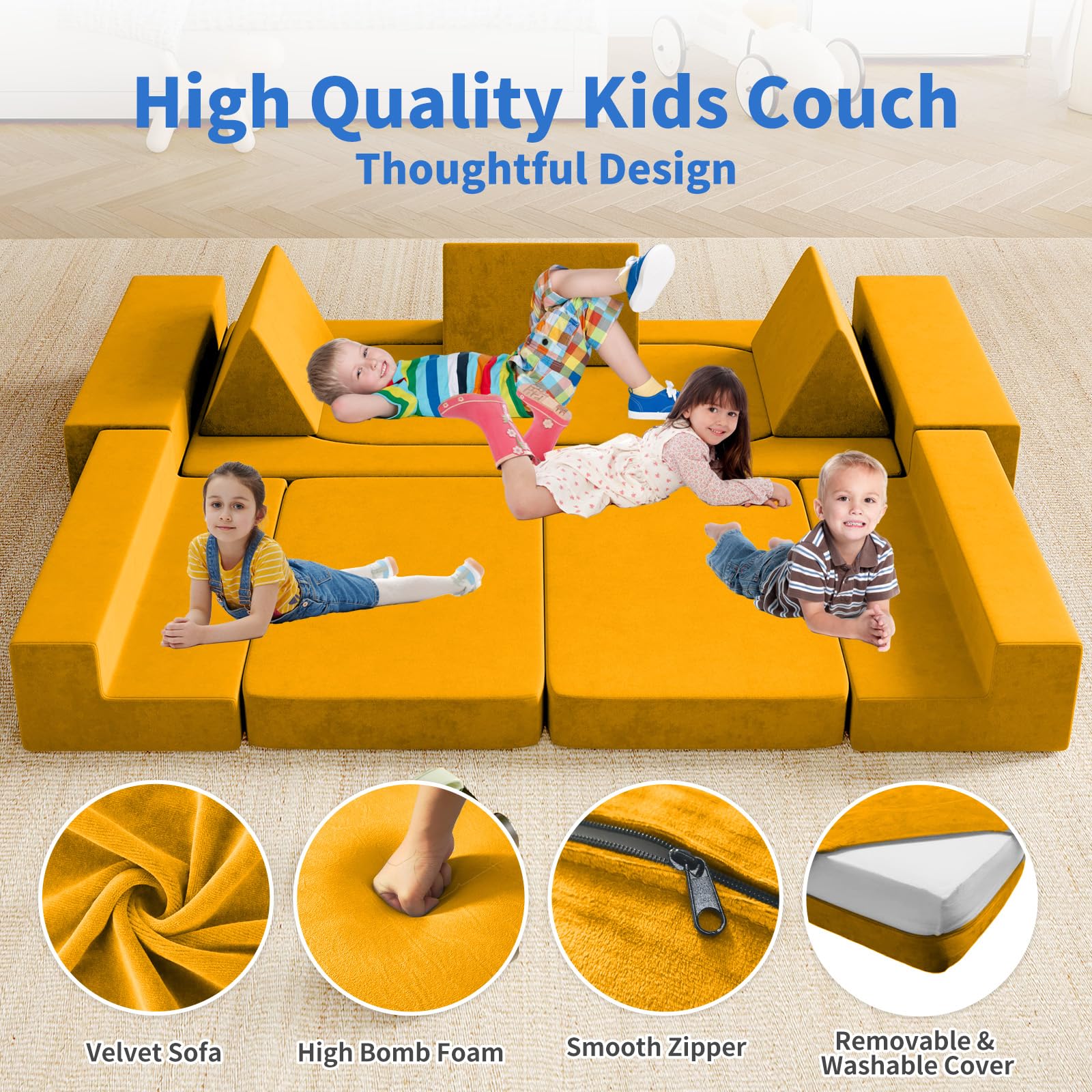 Wanan Modular Kids Play Couch - 13PCS Soft Foam Sectional Sofa for 4 Children, Playroom Furniture for Boys & Girls, Yellow Small (90103) - Perfect for Playrooms, Daycare Centers & Indoor Play Areas