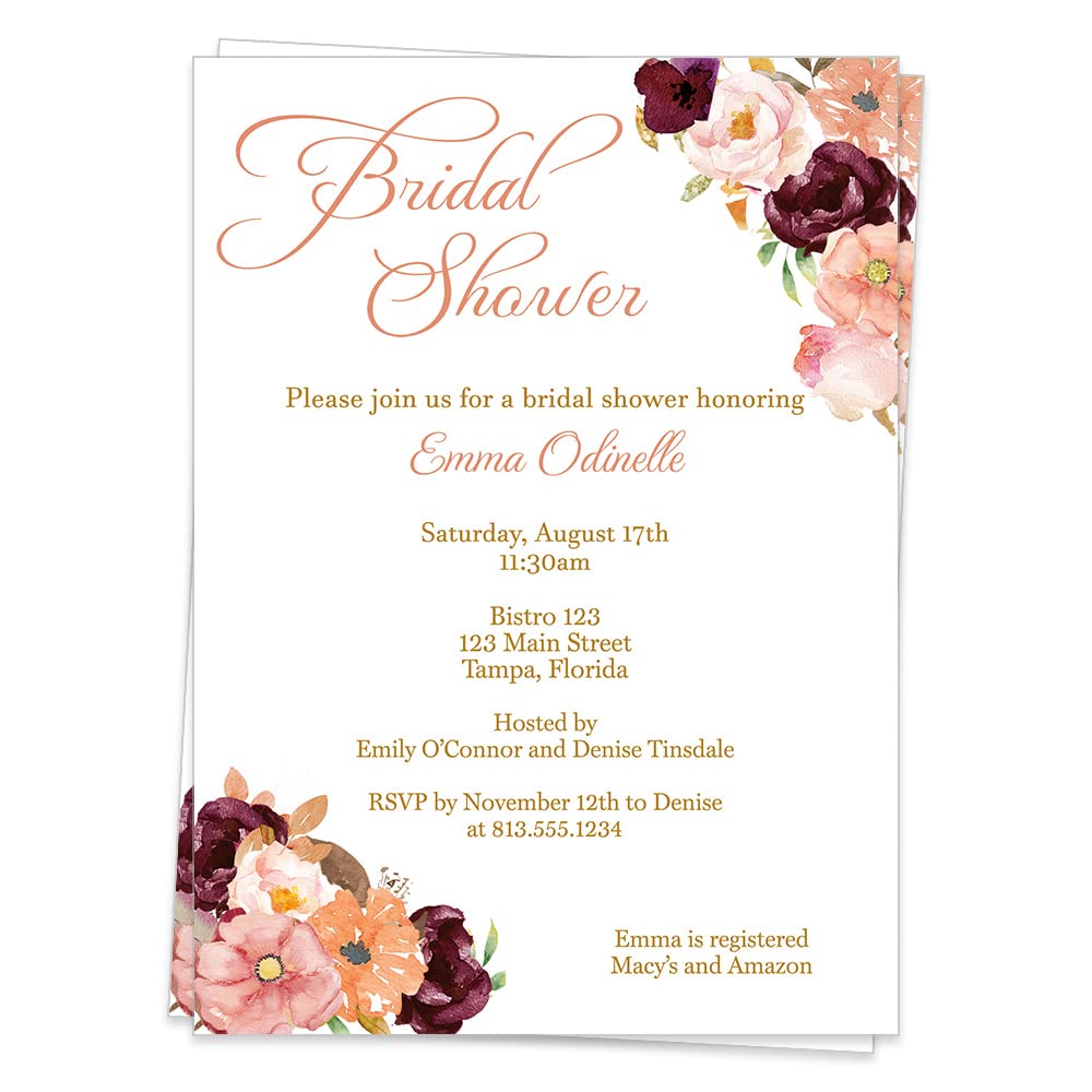 Elegant Floral Watercolor Bridal & Baby Shower Invitations - Custom Burgundy, Coral, Maroon & Pink Botanical Wedding Cards (12-Pack) - Perfect for Wedding Celebrations, Baby Reveals & Bridal Parties