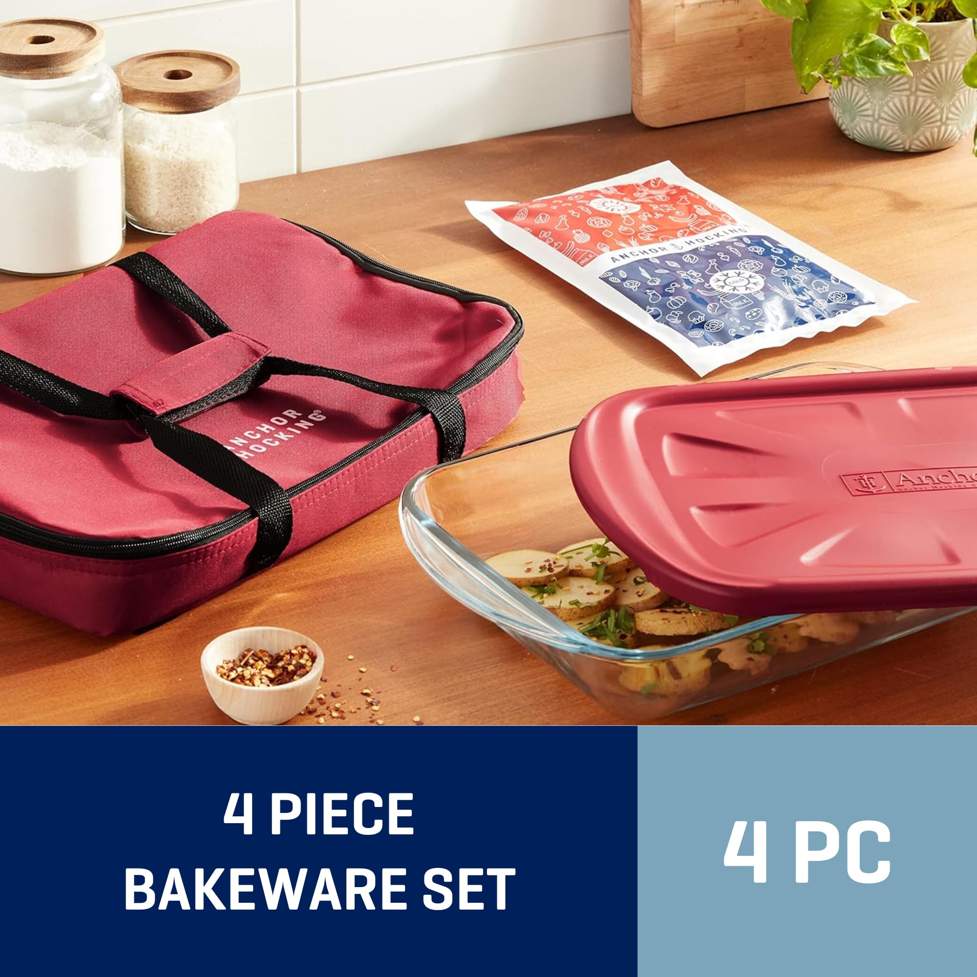 Anchor Hocking 3 Quart Glass Baking Dish Set with Red Lid & Thermal Carrier - 4 Piece Oven Safe Casserole Dish Set for Baking, Cooking & Meal Prep - Perfect for Casseroles, Lasagna, Pot Pies & Holiday Dishes