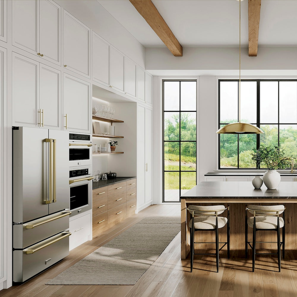 ZLINE Autograph Edition 36 Inch Counter Depth French Door Refrigerator - 22.5 cu.ft Capacity with Ice Maker, Fingerprint Resistant Stainless Steel & Champagne Bronze Handles (RFMZ 36 CB) - Perfect for Modern Kitchens, Open Concept Homes & Entertaining Spaces