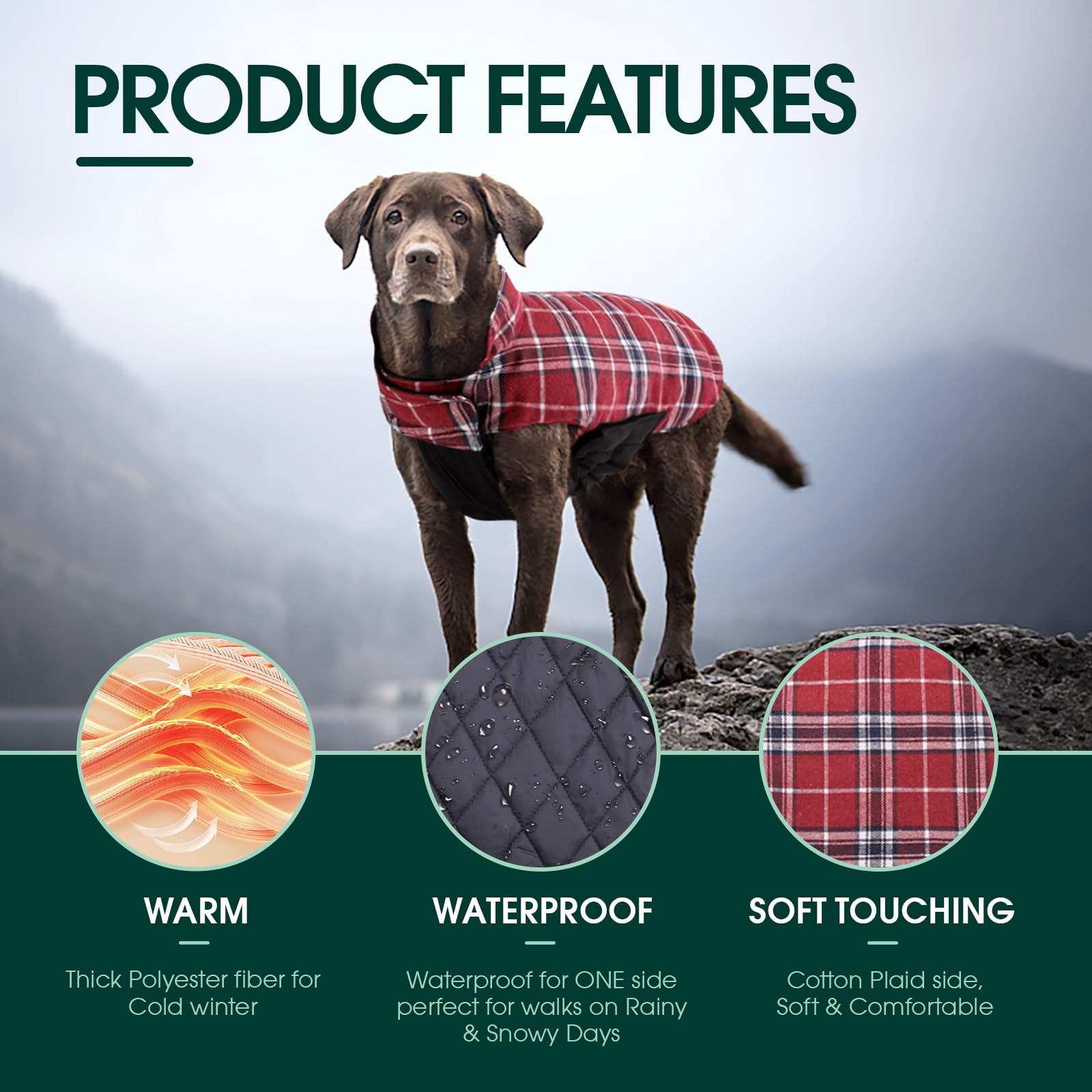 Kuoser Cozy Waterproof Windproof Reversible British Style Plaid Dog Vest - Winter Coat for Small Medium Large Dogs (XS-3XL) with Furry Collar - Warm Dog Apparel for Cold Weather - Perfect for Outdoor Walks, Winter Adventures & Holiday Photos - Red M