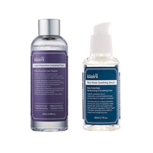 DearKlairs Supple Preparation Unscented Toner 180ml & Rich Moist Soothing Serum 80ml Set - Hydrating Korean Skincare Routine for Dewy Glow | Daily Moisturizing Face Care for Dry & Sensitive Skin | Perfect for Morning & Nighttime Skincare Regimen