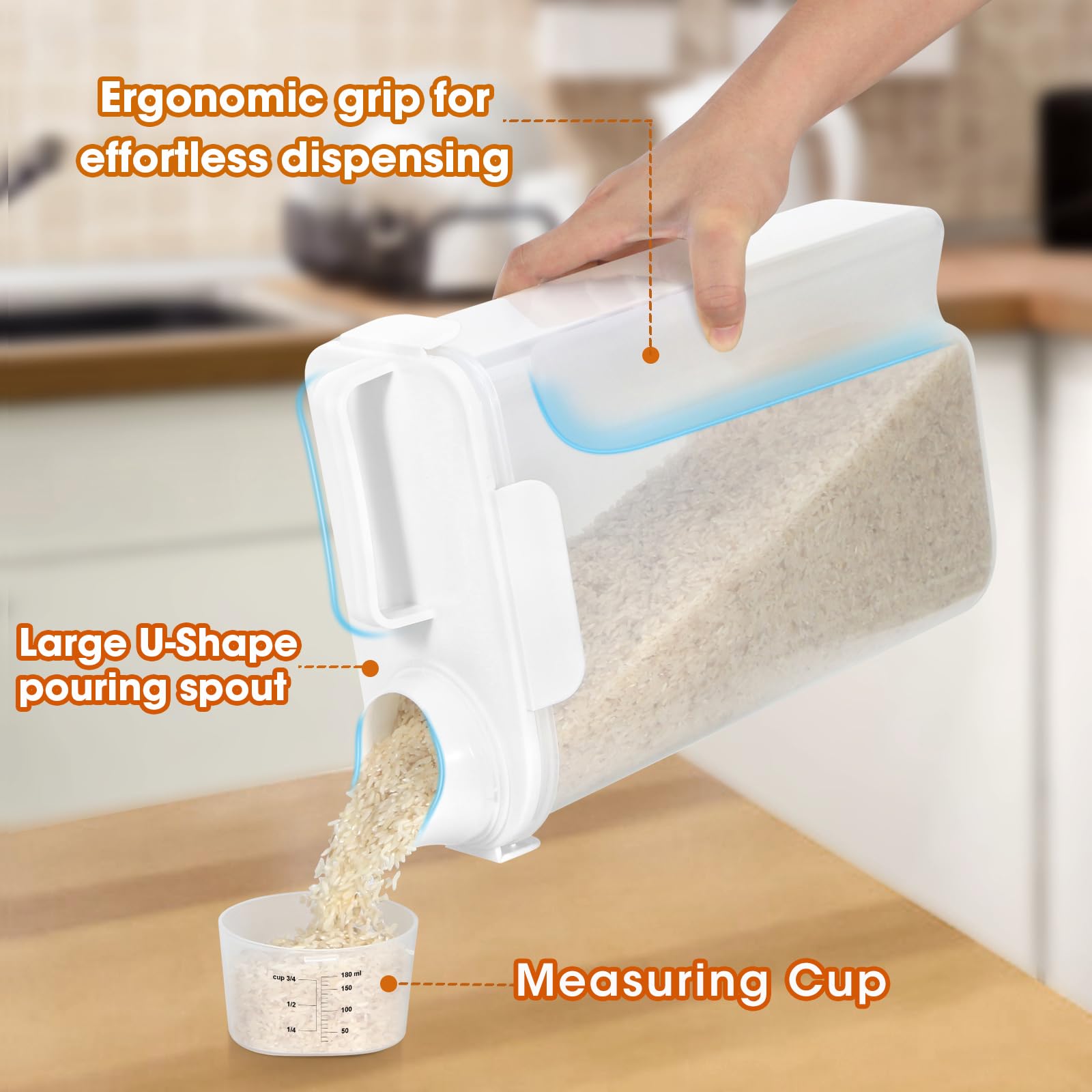 10Lbs Airtight Rice Container with Brush - Kitchen & Pantry Storage for Cereal, Pet Food