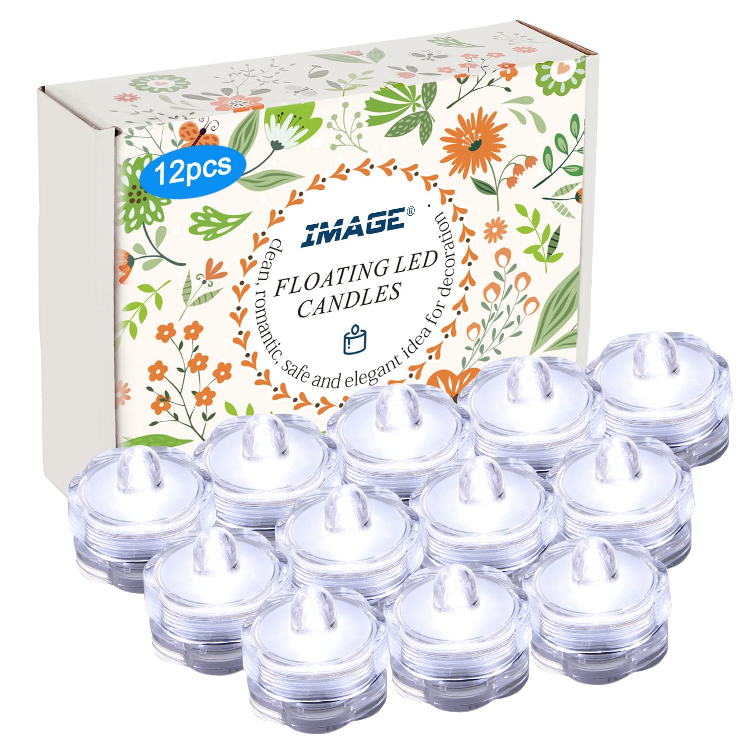 12 Pack IMAGE Submersible LED Pond Lights - Battery Operated Underwater Tea Lights for Vases, Water Tanks, Wedding Decor, Home & Floral Arrangements | Cool White Waterproof Lights for Parties, Pools & Aquariums