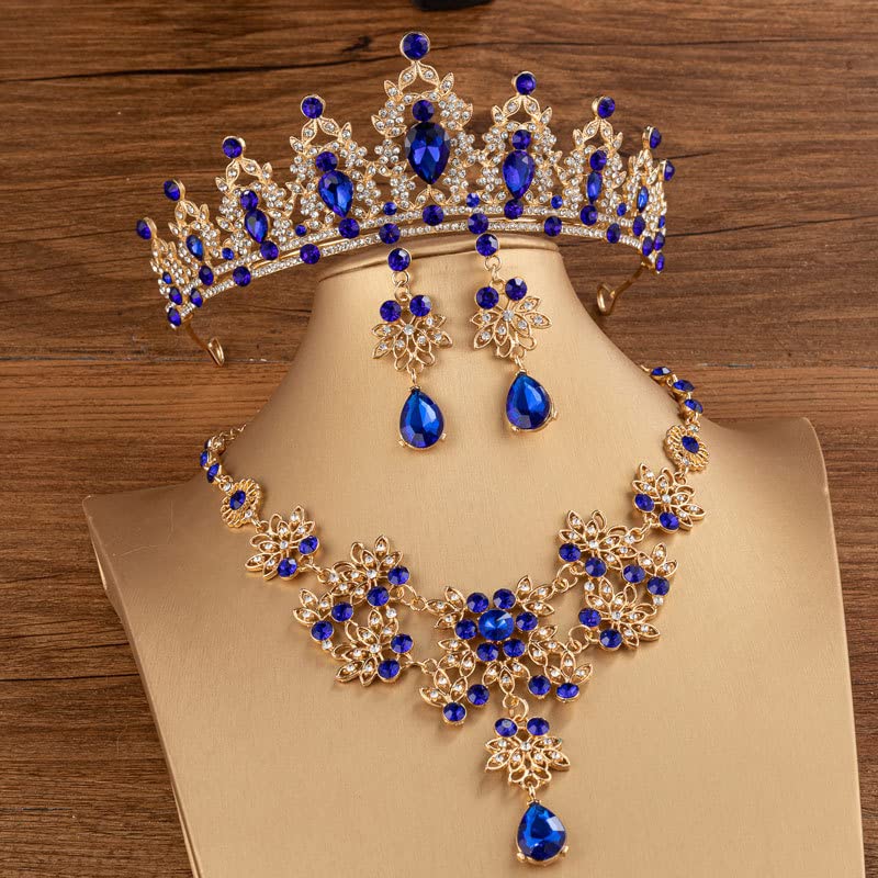 Elegant Crystal Crown Tiara for Women - Rhinestone Wedding Hair Jewelry Set with Necklace & Earrings - Royal Blue Bridal Accessories for Weddings, Prom, Pageants & Special Events