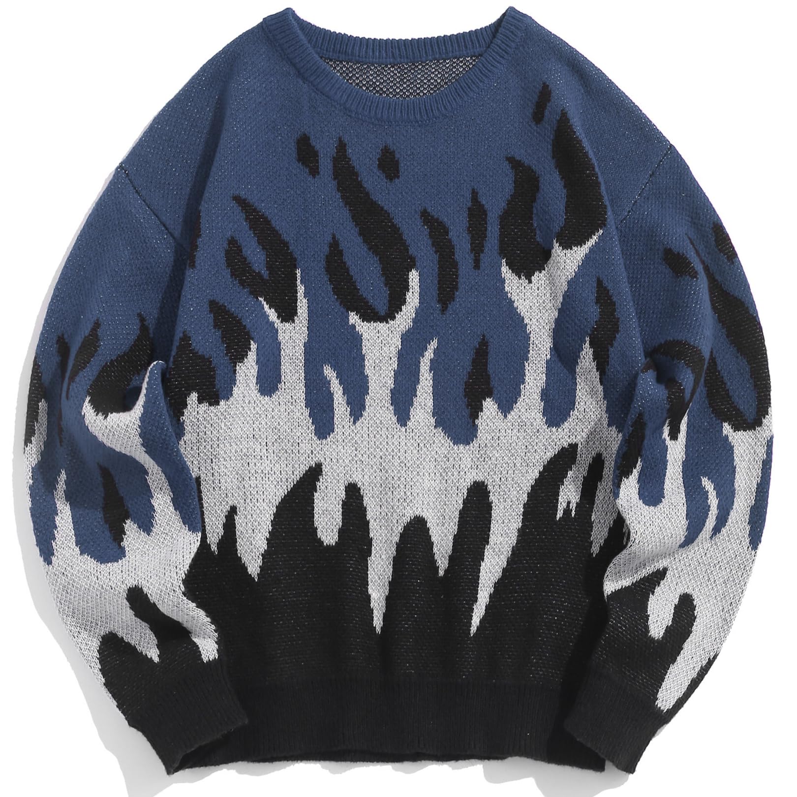 ZAFUL Men's Oversized Y2K Aesthetic Flame Graphic Knit Sweater - Crewneck Casual Pullover Long Sleeve Jumper for Streetwear & Winter Fashion | Perfect for Daily Wear, Parties and Photo Shoots