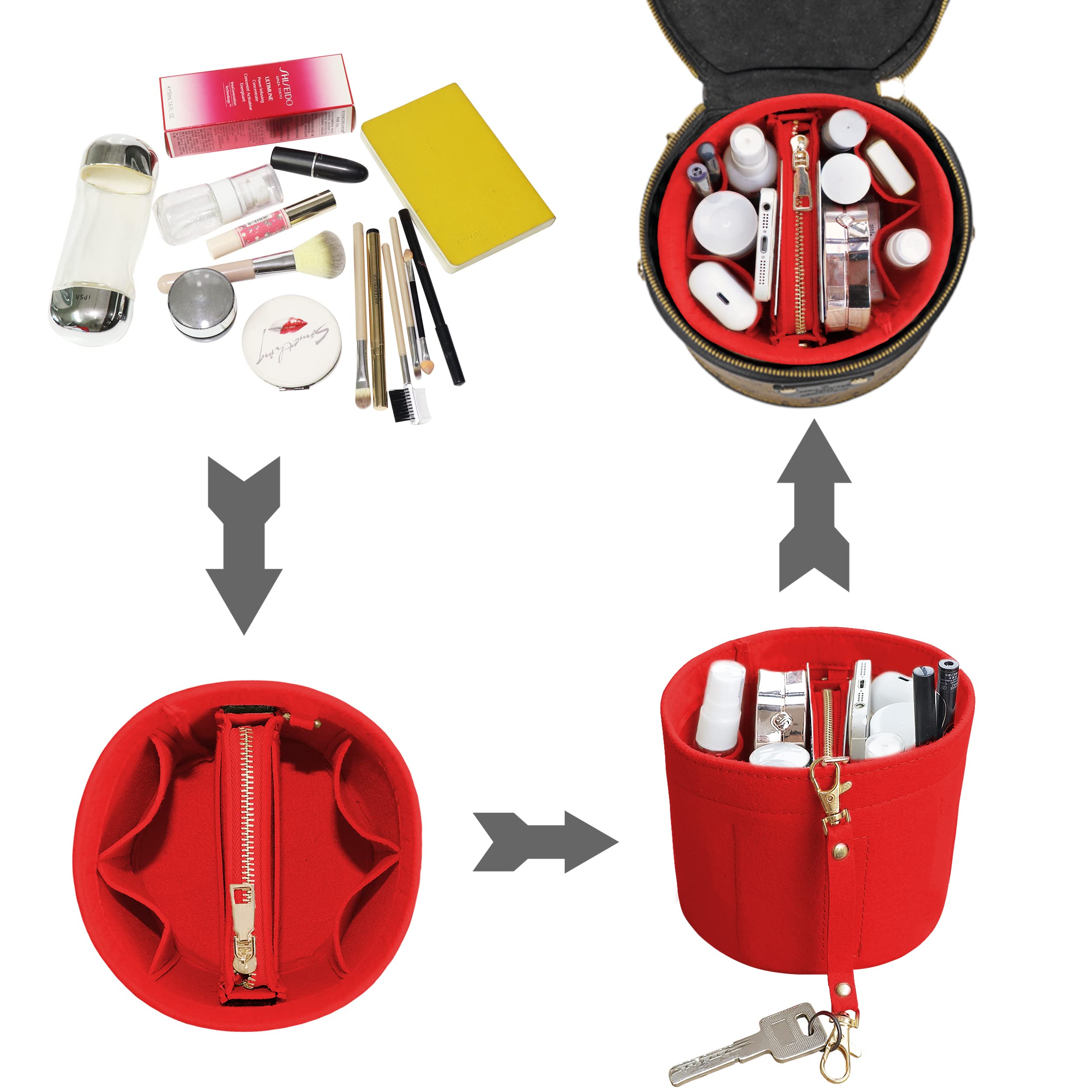 Soyizom Felt Cylinder Bucket Bag Organizer Insert with Detachable Pouch & Keychains - Perfect for Cannes Barrel Shape Handbags (Red) | Travel & Everyday Purse Organization Accessory