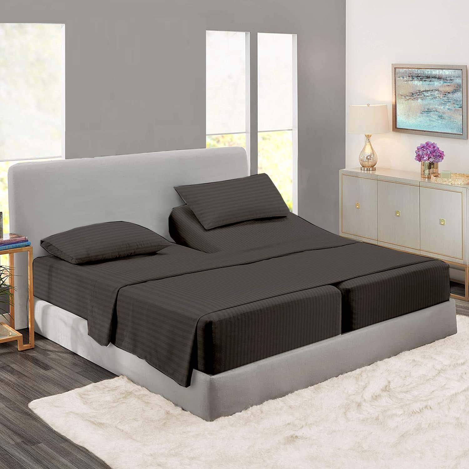 Luxury 400 Thread Count 100% Egyptian Cotton Split King Sheet Set - 5 Piece Twin XL Sheets for Adjustable Beds - Breathable & Soft Bedding (Stone Grey Stripe) - Perfect for Master Bedrooms, Guest Rooms & RV Mattresses