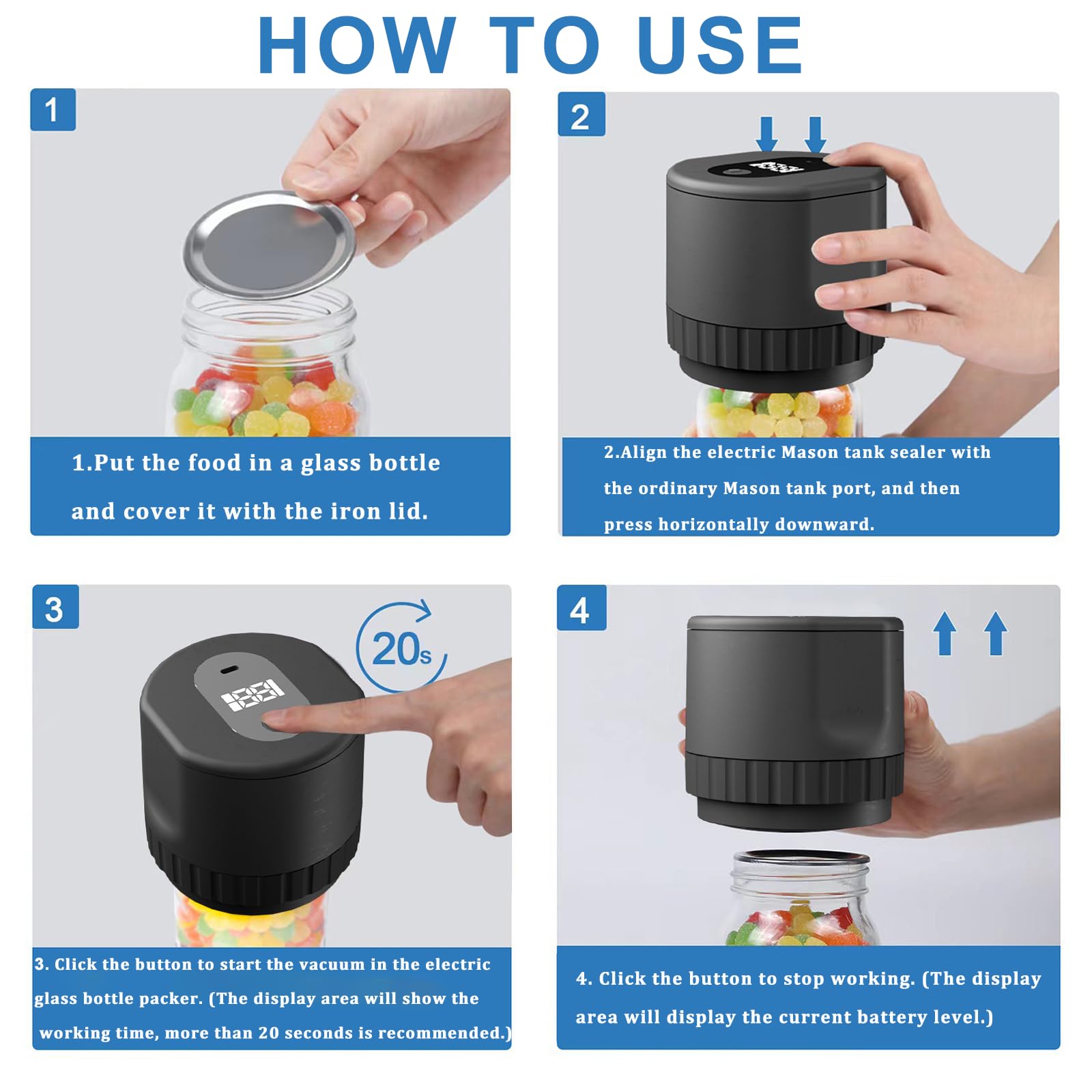 Everjar - 2-in-1 Electric Mason Jar Vacuum Sealer Kit with Automatic Suction Stop | Food Storage Sealer for Wide & Regular Mouth Jars | Preserves Freshness for Meal Prep, Canning & Leftovers (Black)