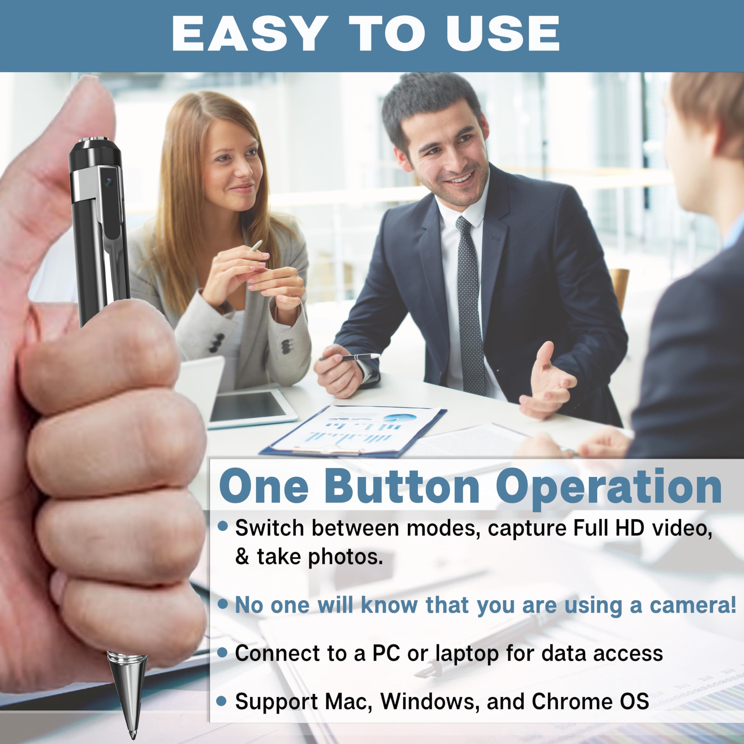 1080P Hidden Spy Camera Pen - Full HD Nanny Cam with Loop Recording & Picture Taking - Wireless Rechargeable Security Camera with Wide Angle Lens | Perfect for Home Surveillance, Office Monitoring & Covert Recording