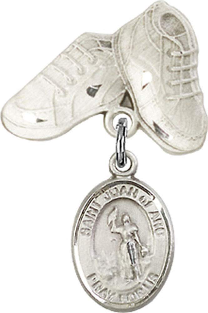 Sterling Silver Baby Badge with St. Joan of Arc Charm & Baby Boots Pin - Handmade in USA - Perfect for Christening Gifts, Baby Showers & First Communion Jewelry