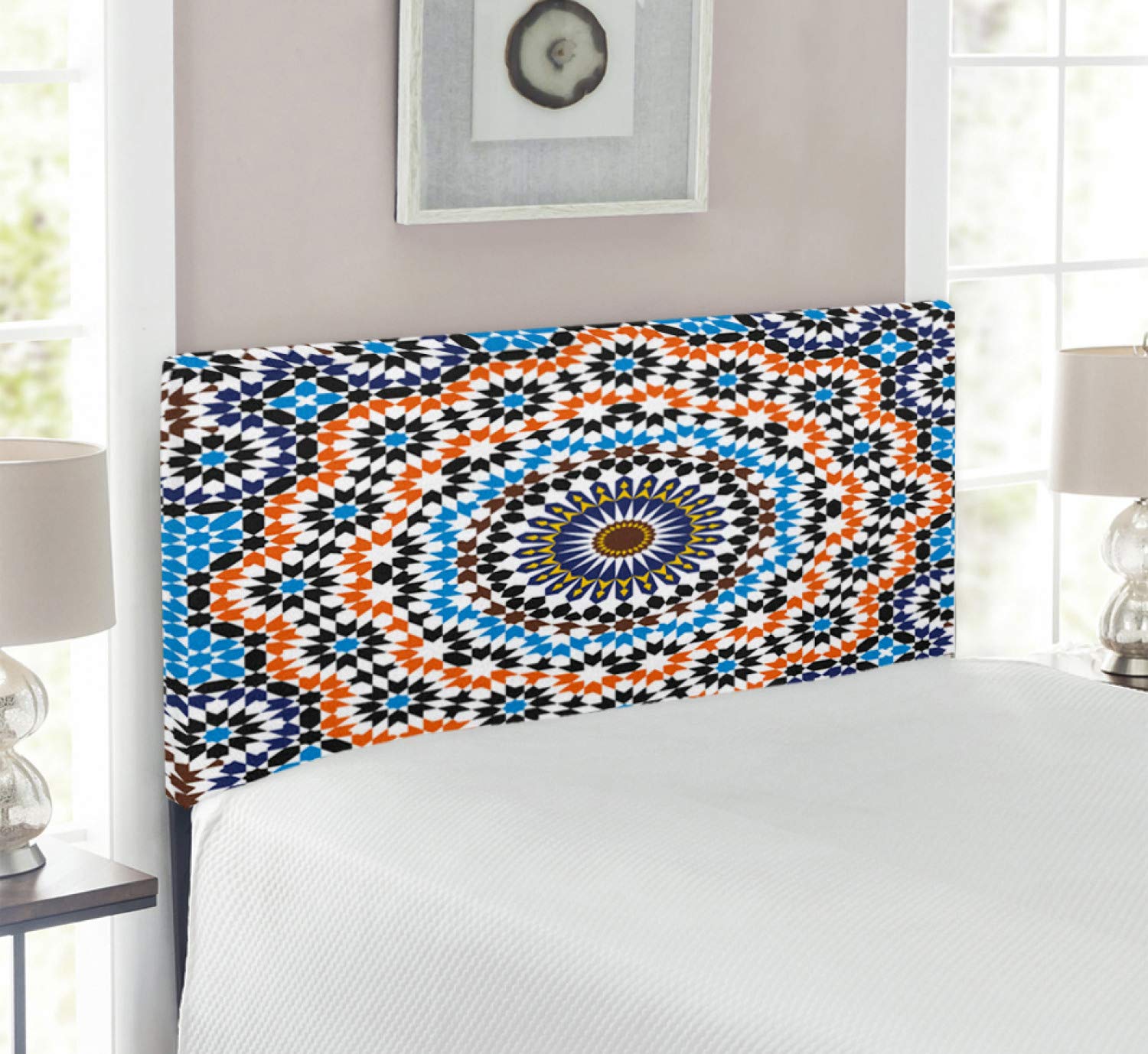 Ambesonne Vintage Moroccan Ceramic Tile Floral Mosaic Upholstered Headboard - Twin Size Decorative Metal Bed Frame with Memory Foam - Perfect for Bohemian Bedroom Decor & Guest Room Styling