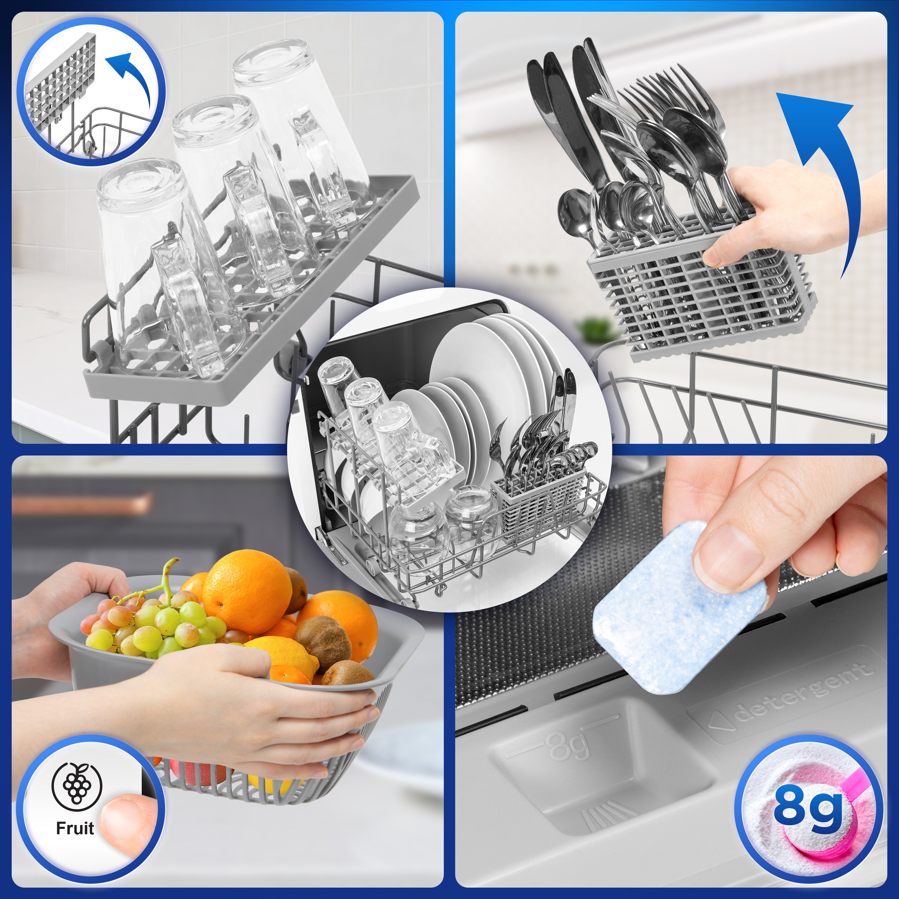 Duronic DW5 WE 950W Compact Tabletop Dishwasher - 5L Mini Dish Washer with 8 Wash Cycles | Eco-Friendly Electric Countertop Cleaner for Plates, Glass, Cutlery & Fruits | Perfect for Small Kitchens, Apartments & RVs (White)