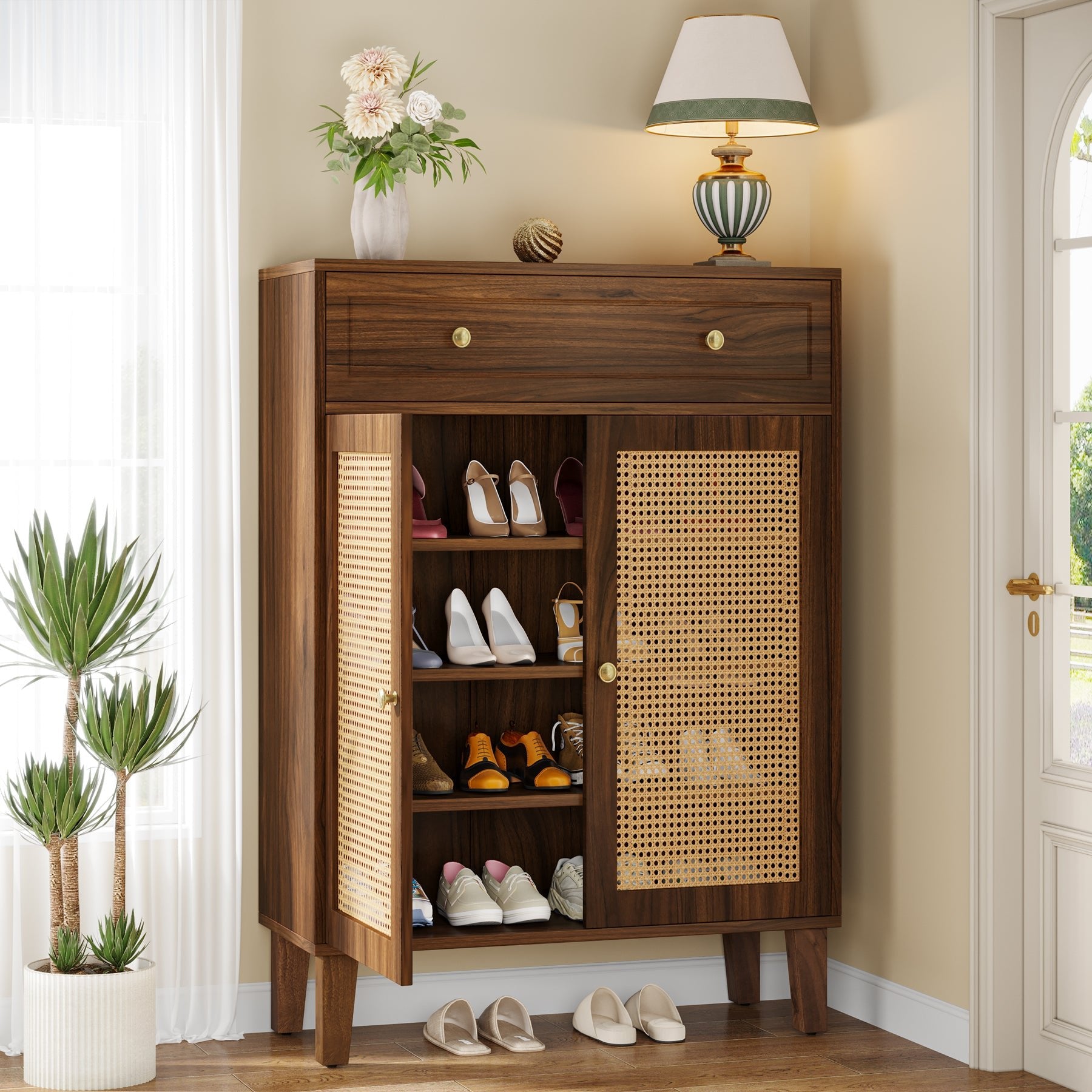 Solid Wood Shoe Cabinet with Rattan Doors & Drawer - Modern Entryway Shoe Storage Organizer for Hallway, Closet, or Mudroom Organization