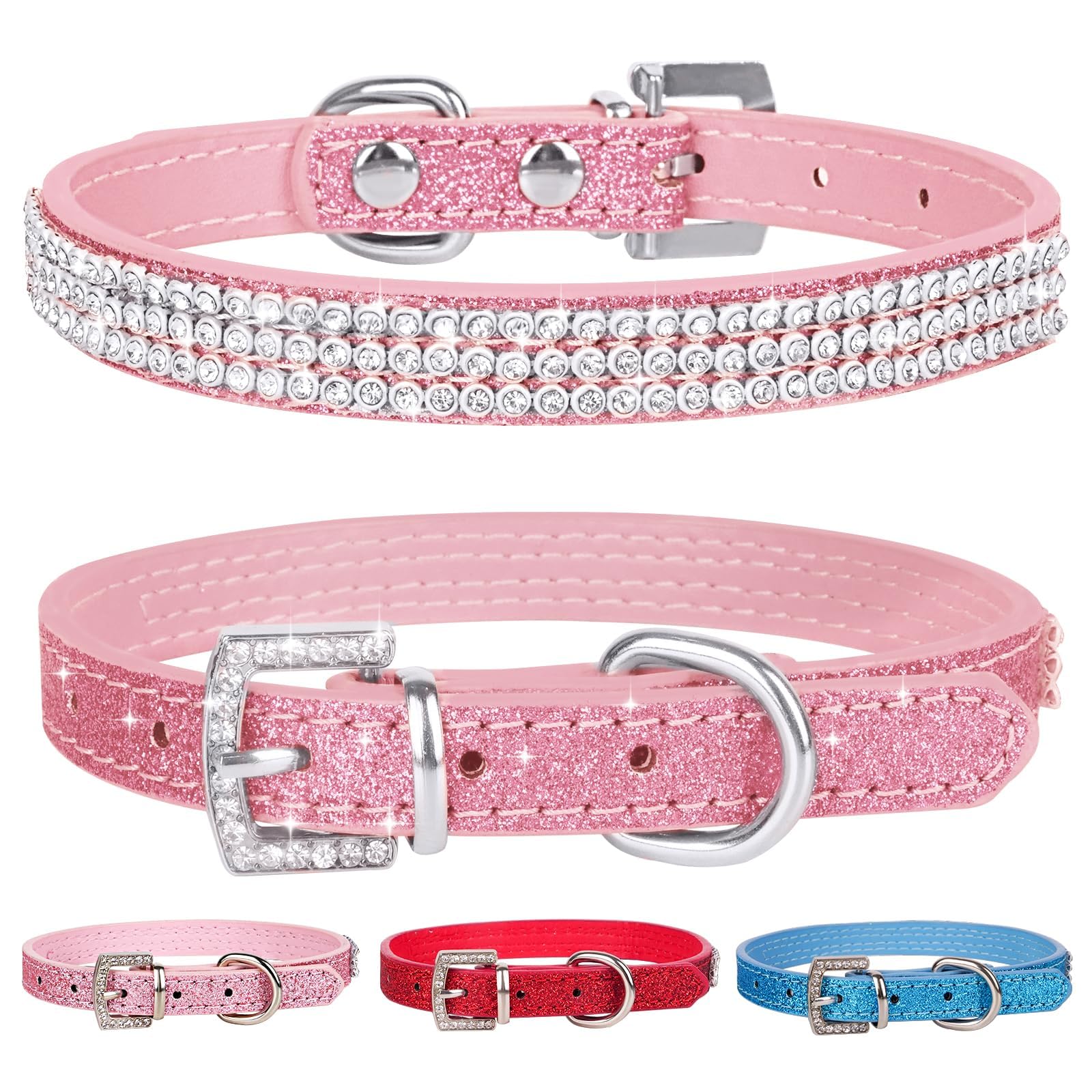 Sparkling Rhinestone Dog Collar for Small Dogs - Pink Leather Pet Collar with Diamonds - Adjustable 10.6