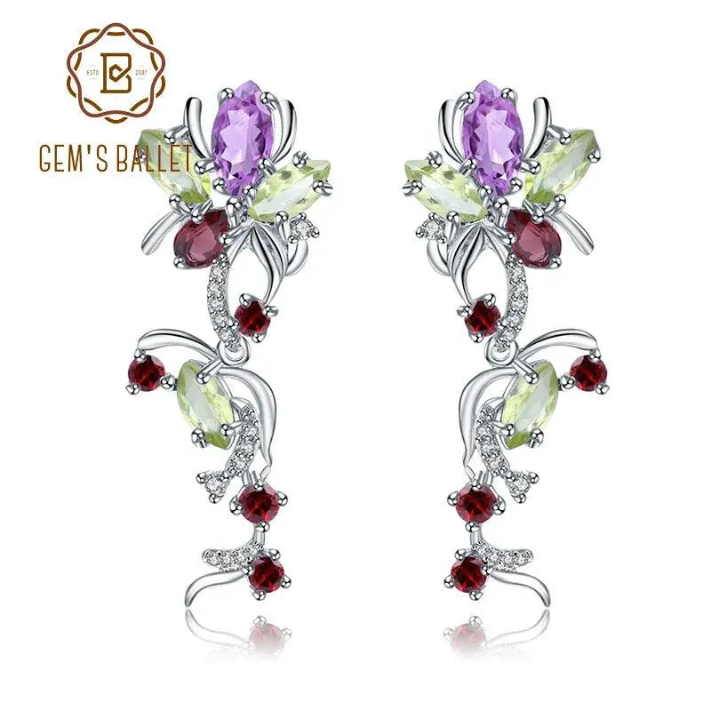 Vintage 925 Sterling Silver Drop Earrings for Women - Natural Peridot, Amethyst & Garnet Floral Ballet Jewelry | Elegant Gift for Dancers, Brides & Formal Occasions