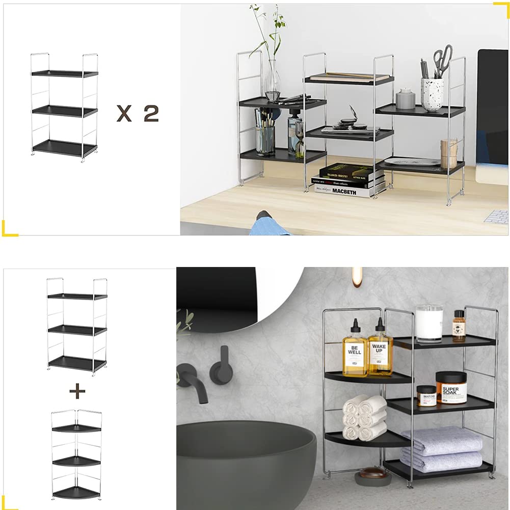 3-Tier Bathroom Countertop Organizer - Makeup Storage Shelf with Corner Design - Kitchen Spice Rack Standing Shelf - Perfect for Vanity, Bathroom, Bedroom & Kitchen Organization (Silver & Black) - Ideal for Small Space Storage & Cosmetic Display