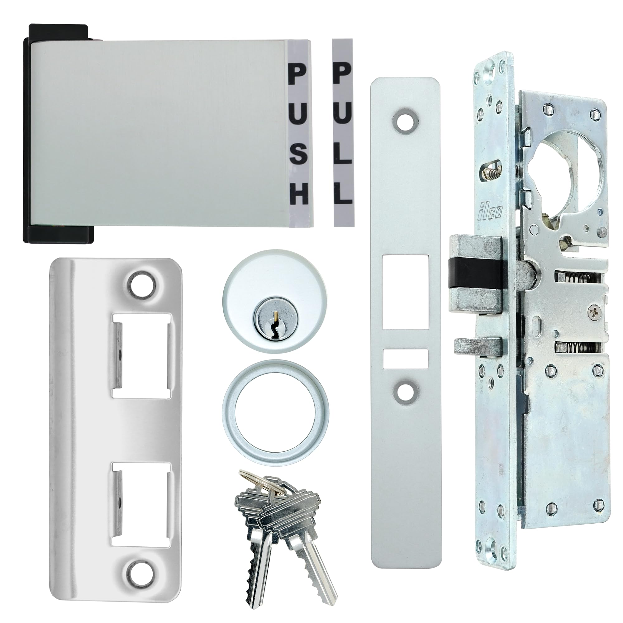 Adams Rite Style Storefront Door Mortise Deadlatch Lock & Exit Paddle Handle Kit with Mortise Cylinder & Keys - Aluminum Finish (Push to Right) - High Security Commercial Door Lock for Retail Shops, Offices, and Restaurants