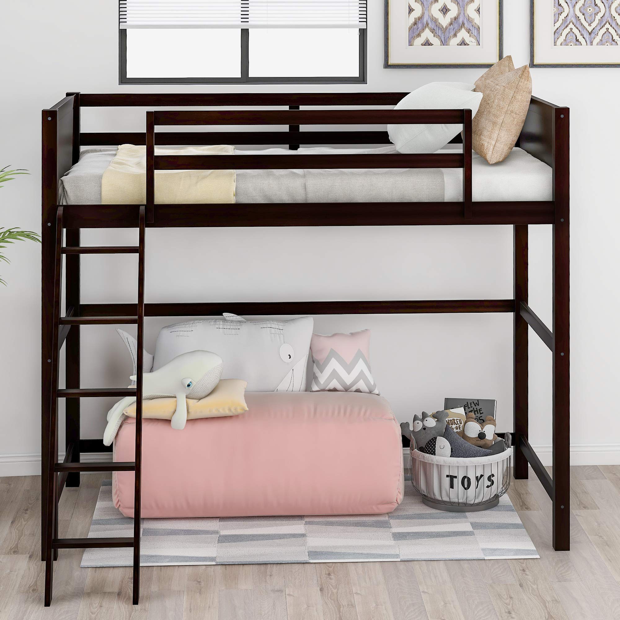 Merax Twin Loft Bed with Ladder & Guardrail - Solid Wood Twin Size Loft Bed Frame for Kids & Teens - Space-Saving Espresso Finish - Perfect for Small Bedrooms, Dorms & Kids' Rooms