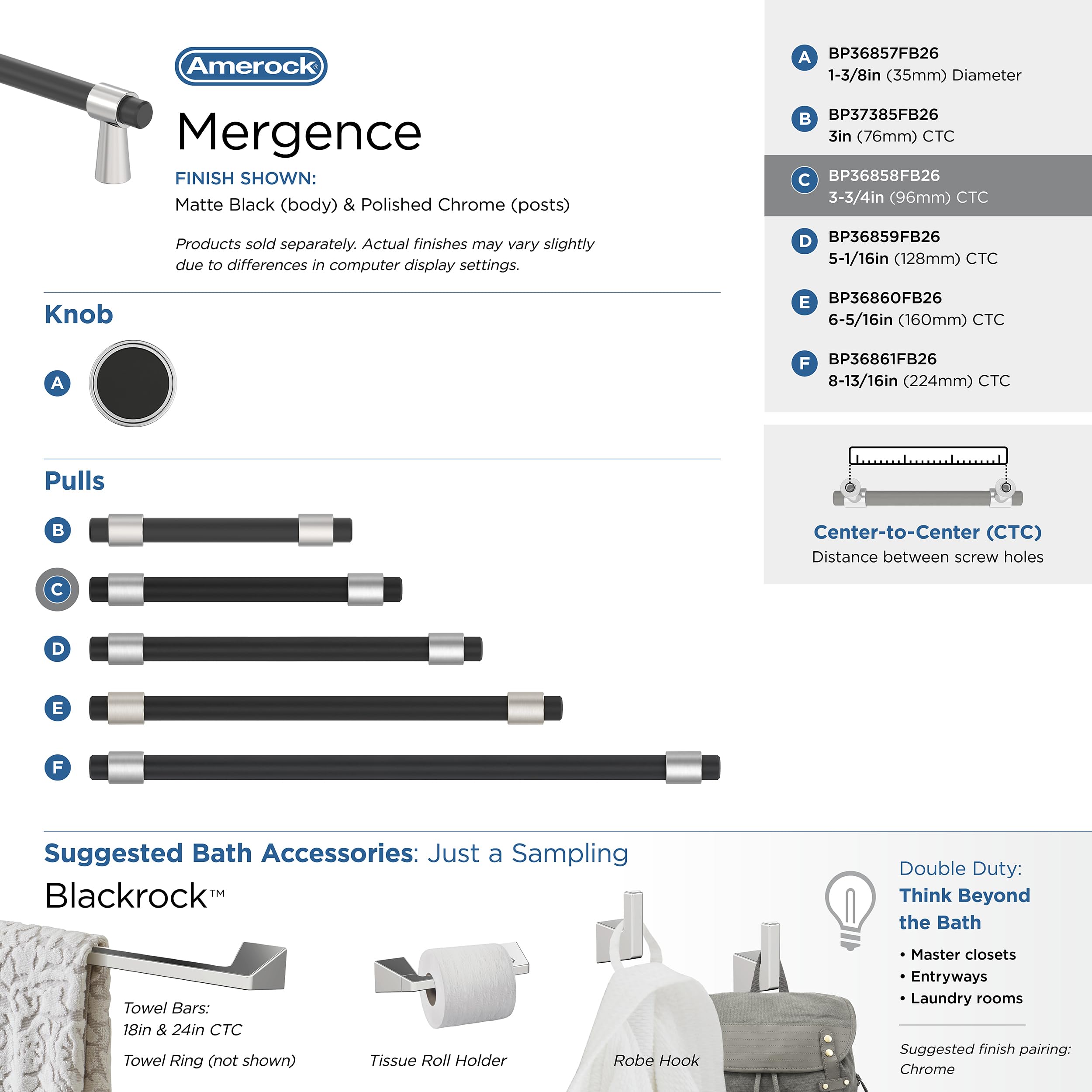 Amerock Mergence 3-3/4 inch (96mm) Center-to-Center Cabinet Pulls - Polished Chrome & Matte Black Drawer Handles (1 Pack) - Perfect for Kitchen Cabinets, Bathroom Vanities & Furniture Hardware